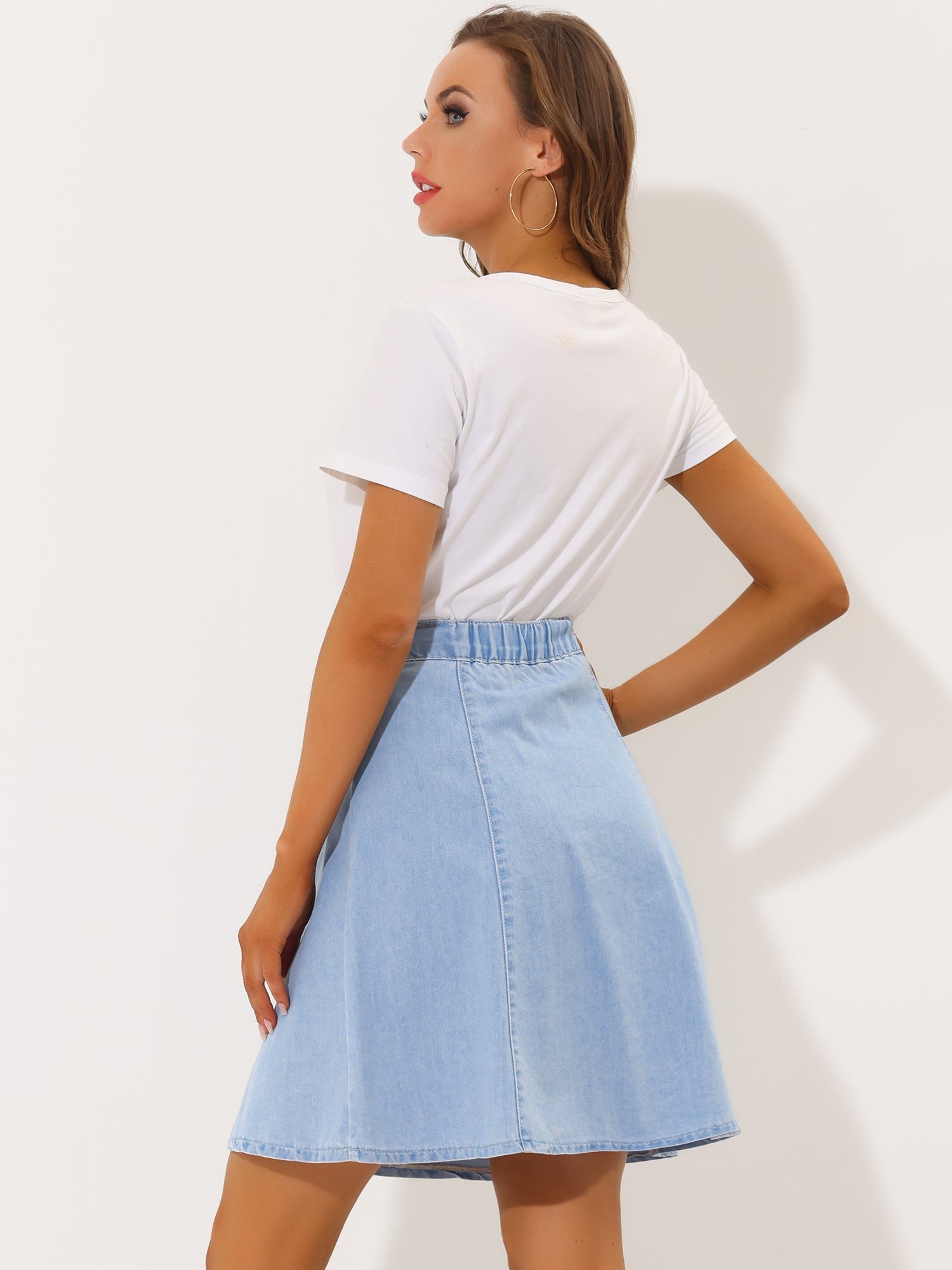 High Waisted A-Line Flared Casual Denim Midi Jean Skirt
