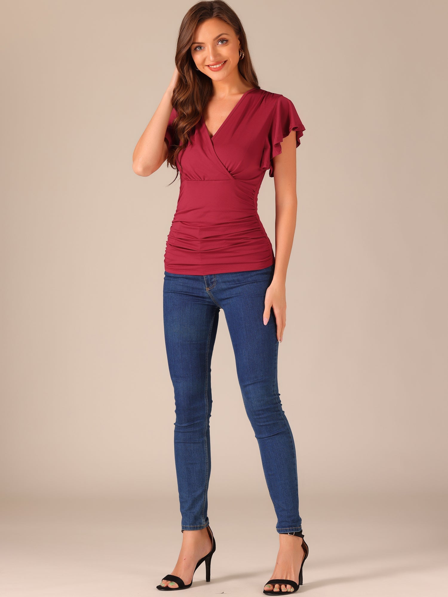 Faux Wrap Blouse Summer V Neck Ruffle Sleeve Casual Top Blouse
