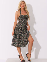 Halter Neck Floral Summer Sundress Sleeveless Lace Up Midi Dress