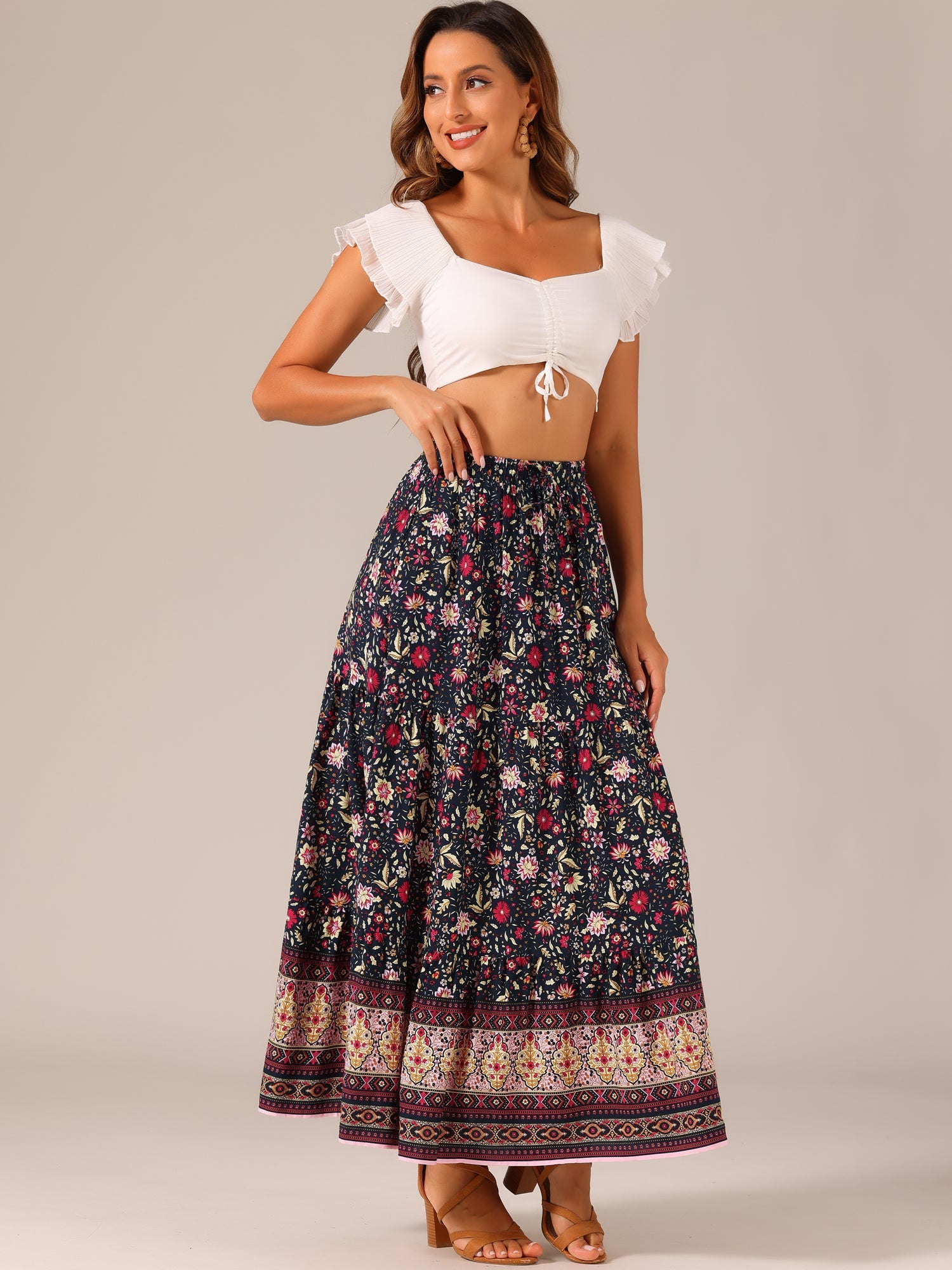 Boho Casual Bohemian Floral Printed Elastic Waist Maxi Skirt