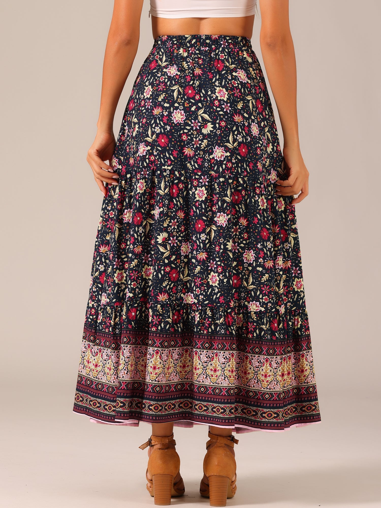 Boho Casual Bohemian Floral Printed Elastic Waist Maxi Skirt