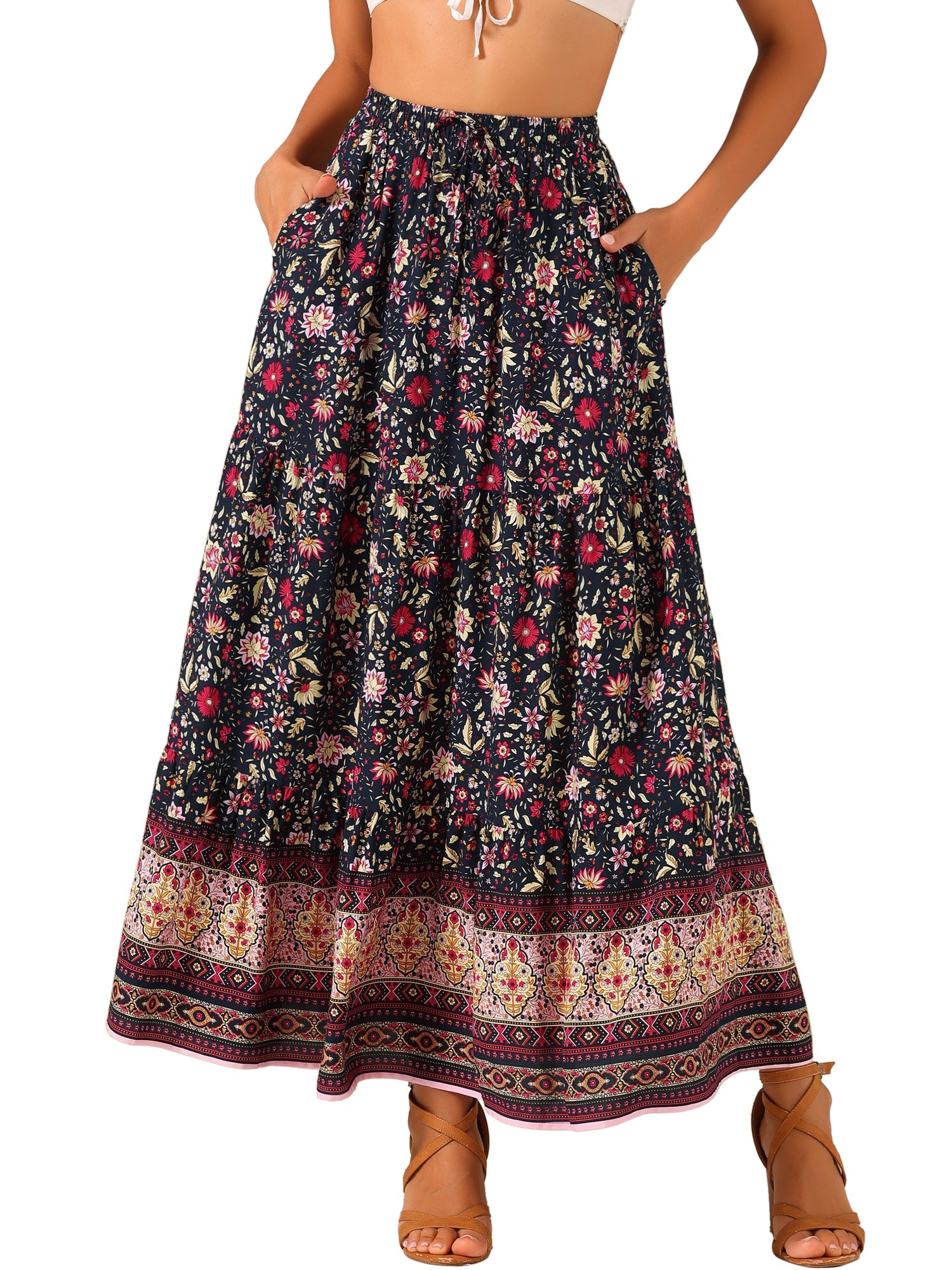 Boho Casual Bohemian Floral Printed Elastic Waist Maxi Skirt