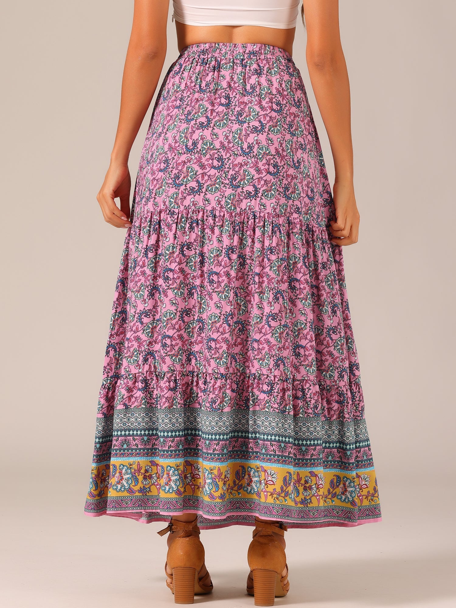 Boho Casual Bohemian Floral Printed Elastic Waist Maxi Skirt