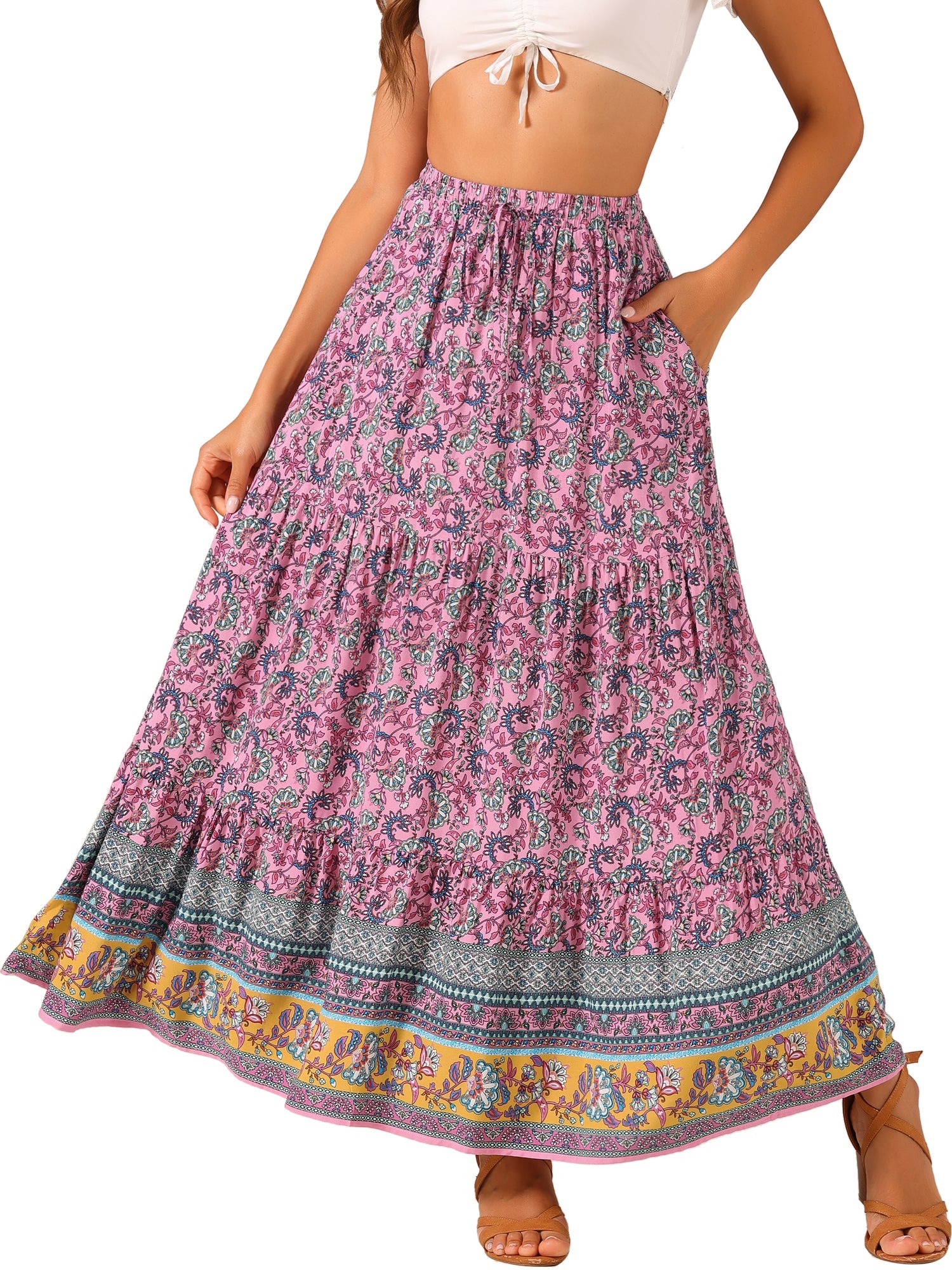 Boho Casual Bohemian Floral Printed Elastic Waist Maxi Skirt
