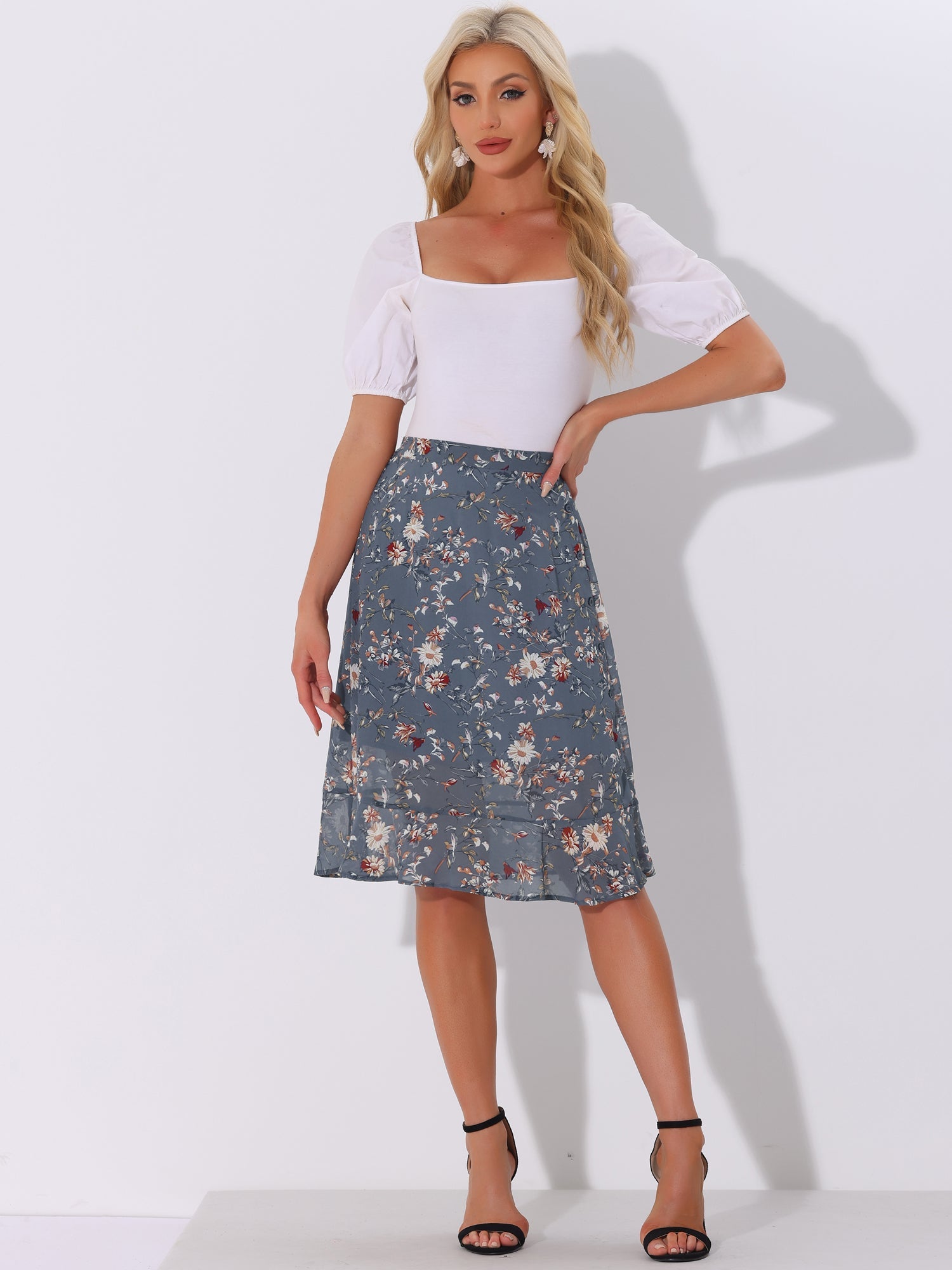 Floral Ruffle Elastic High Waist Button Flowy Split Midi Skirt