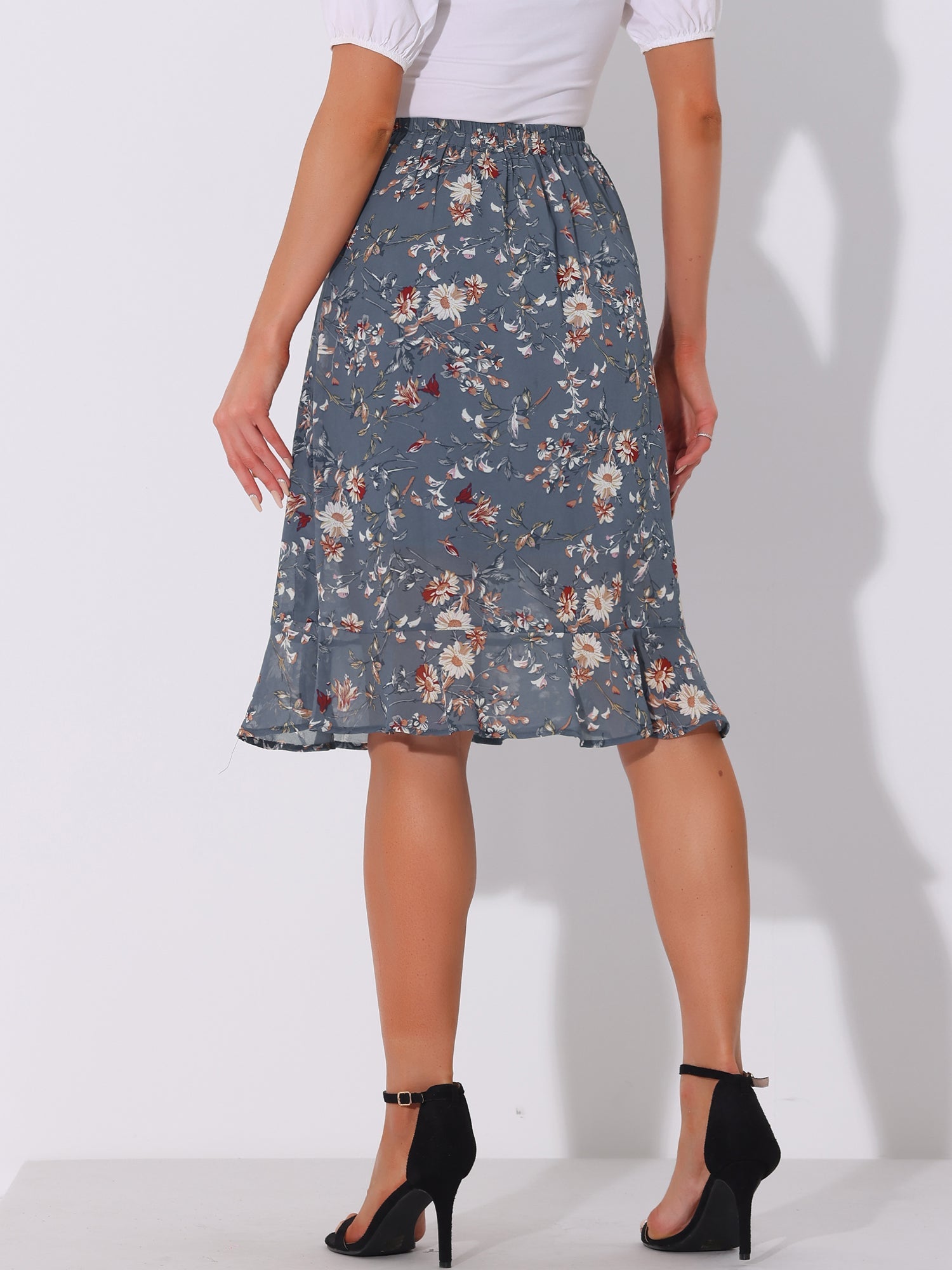 Floral Ruffle Elastic High Waist Button Flowy Split Midi Skirt