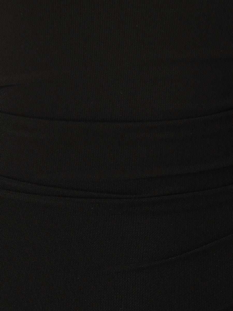 Mesh Sheer Mock Neck Ruch Cocktail Bodycon Midi Dress