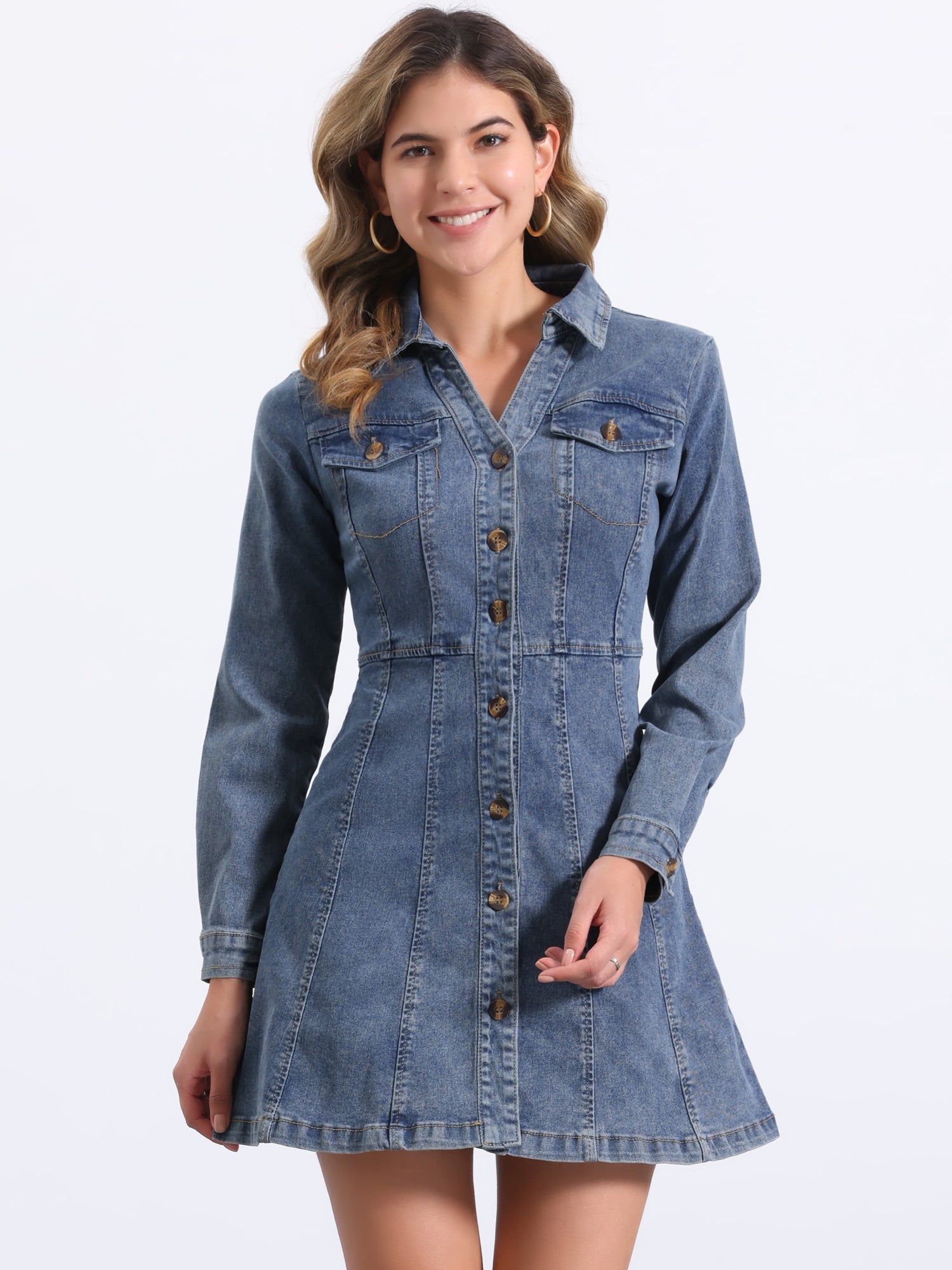 Button Down Collar V Neck Long Sleeve A-line Jean Denim Dress