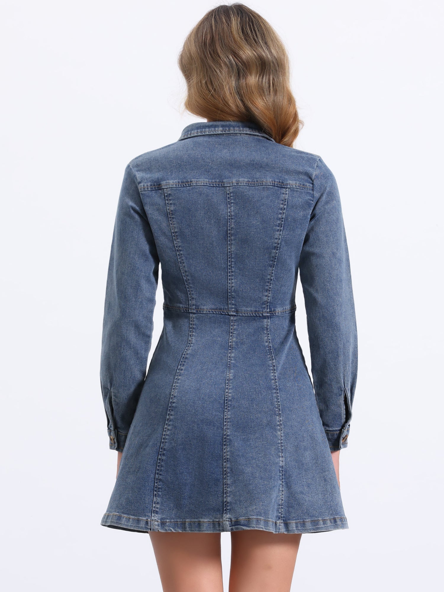 Button Down Collar V Neck Long Sleeve A-line Jean Denim Dress