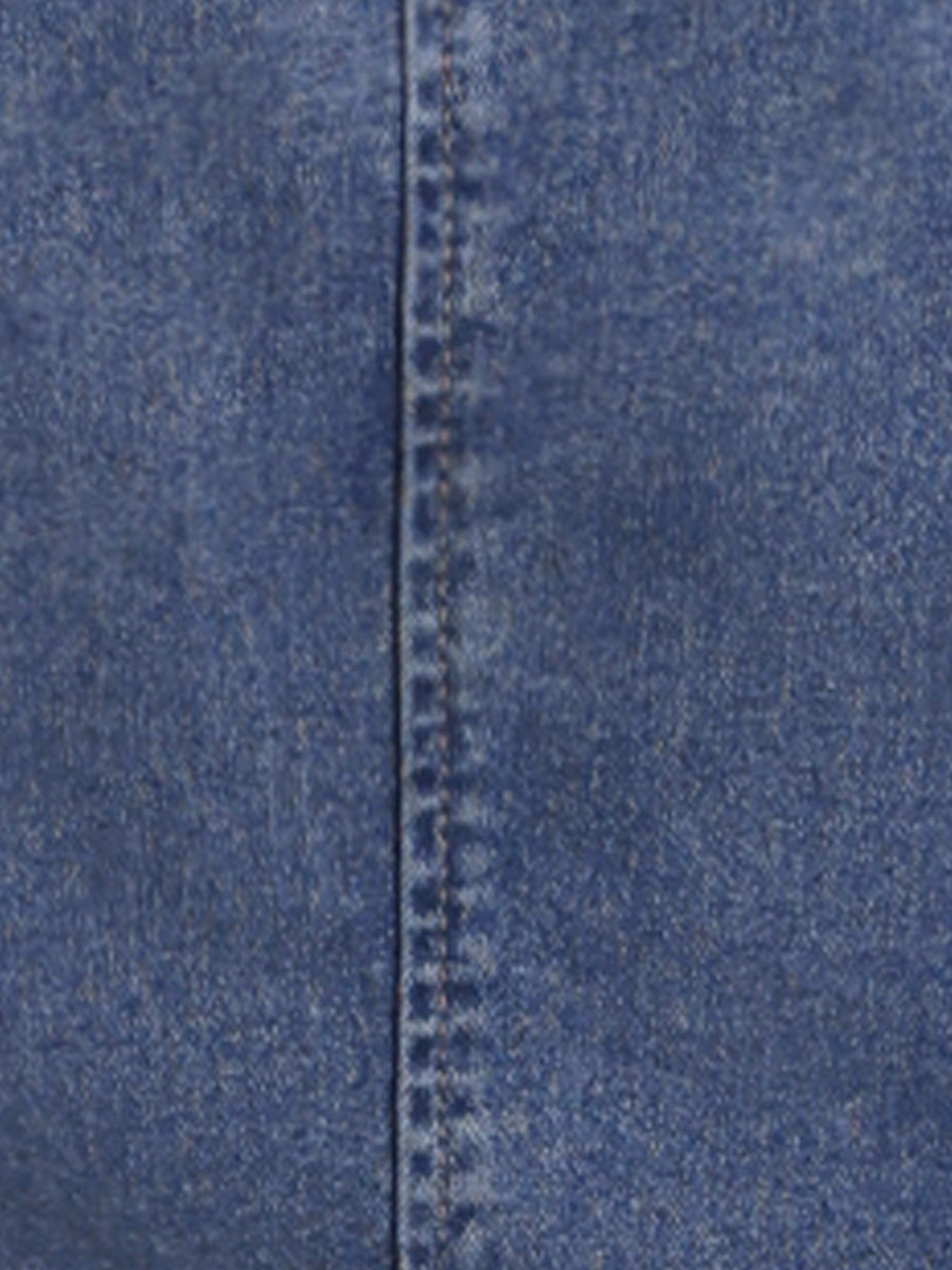 Button Down Collar V Neck Long Sleeve A-line Jean Denim Dress