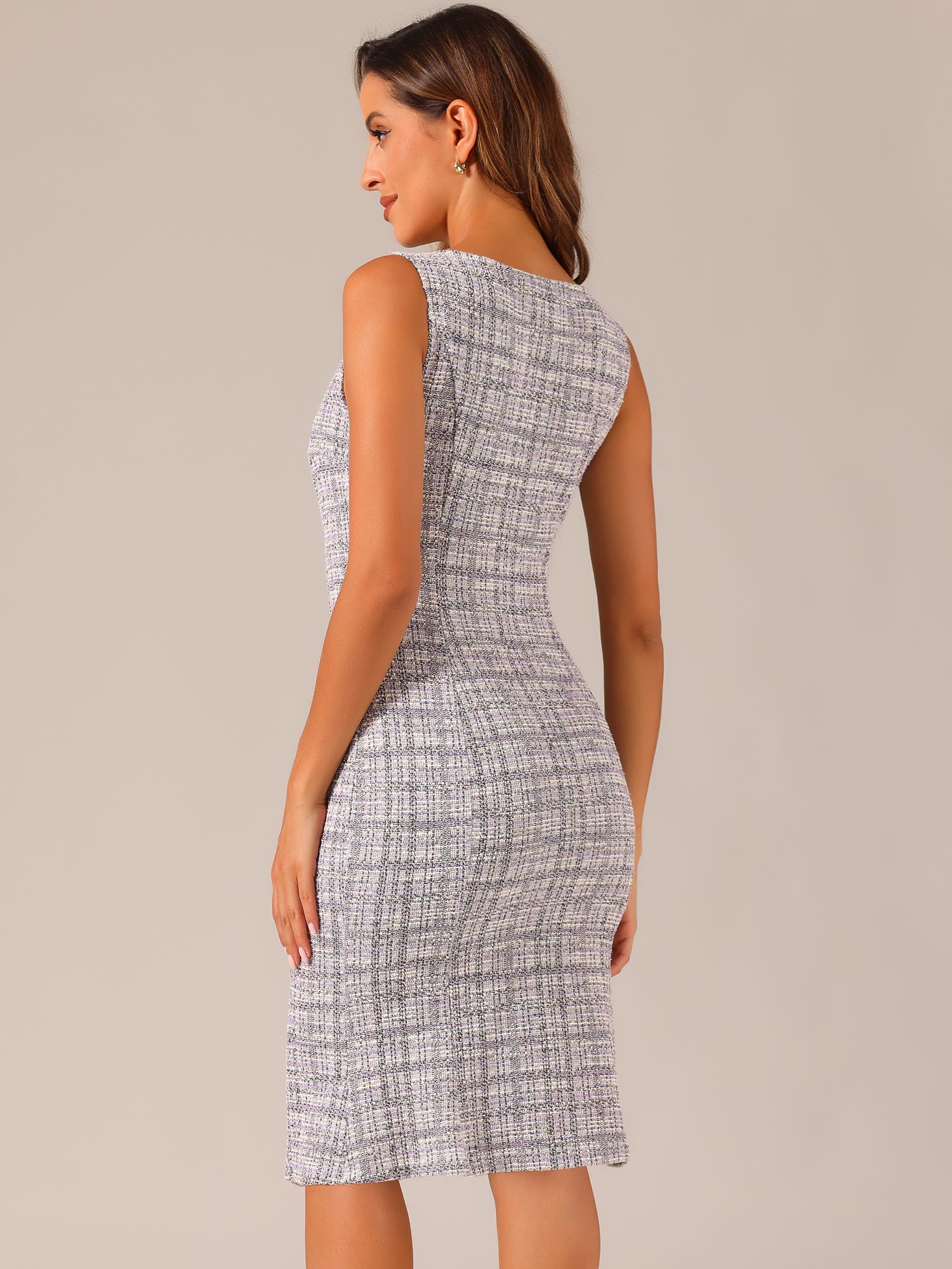 Tweed Sleeveless Elegant Plaid Midi Fishtail Dress