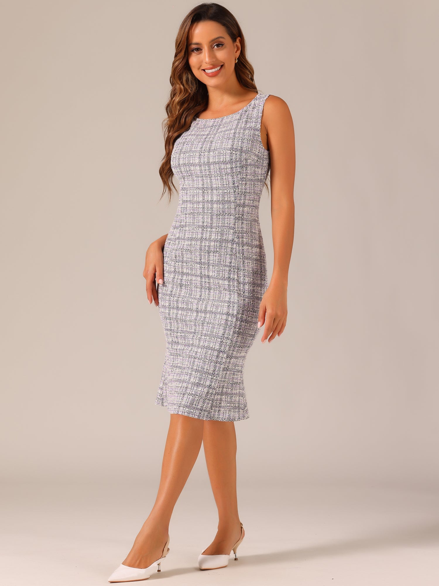 Tweed Sleeveless Elegant Plaid Midi Fishtail Dress