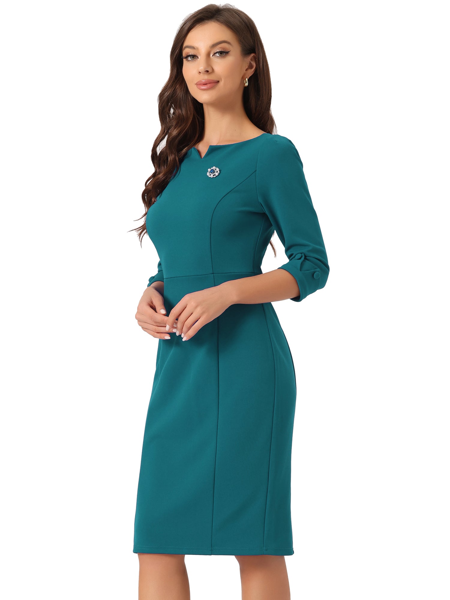3/4 Sleeve Notch Neck Slim Fit Work Pencil Midi Dress