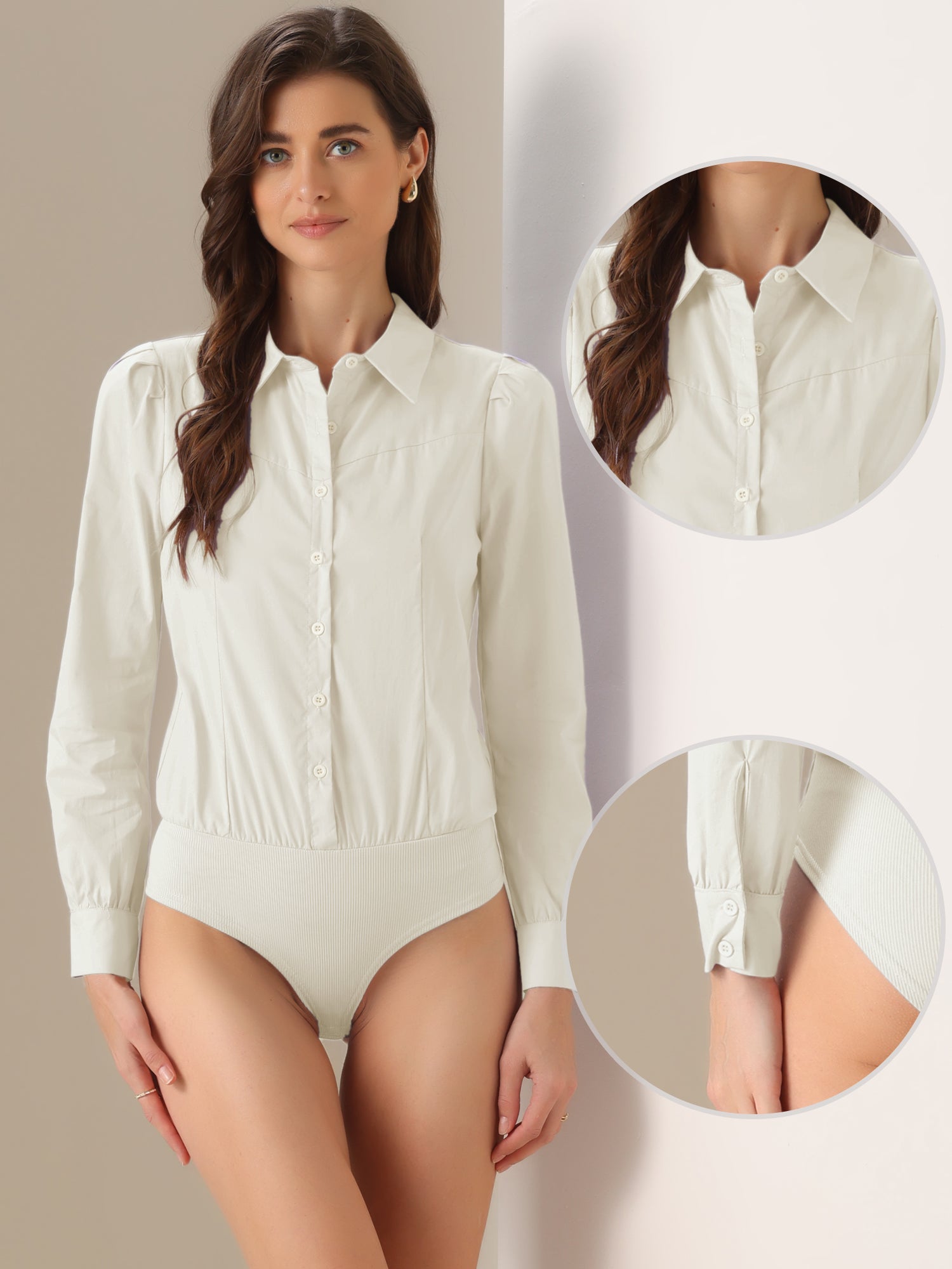 Leotard Shirt Collared Business Casual Button Down Long Sleeves Bodysuit