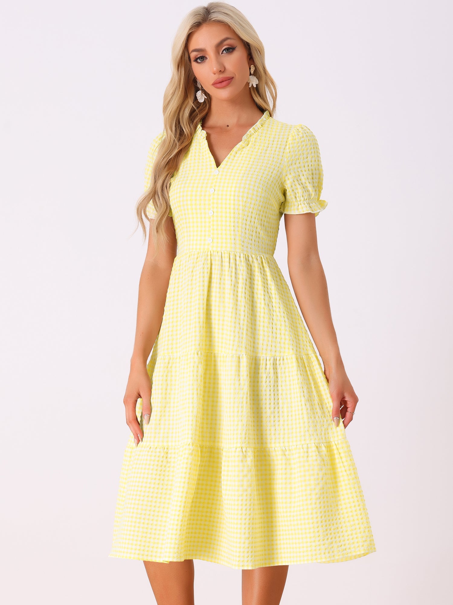 Ruffle Trim V Neck Button Decor Plaid Gingham Tiered Midi Dress