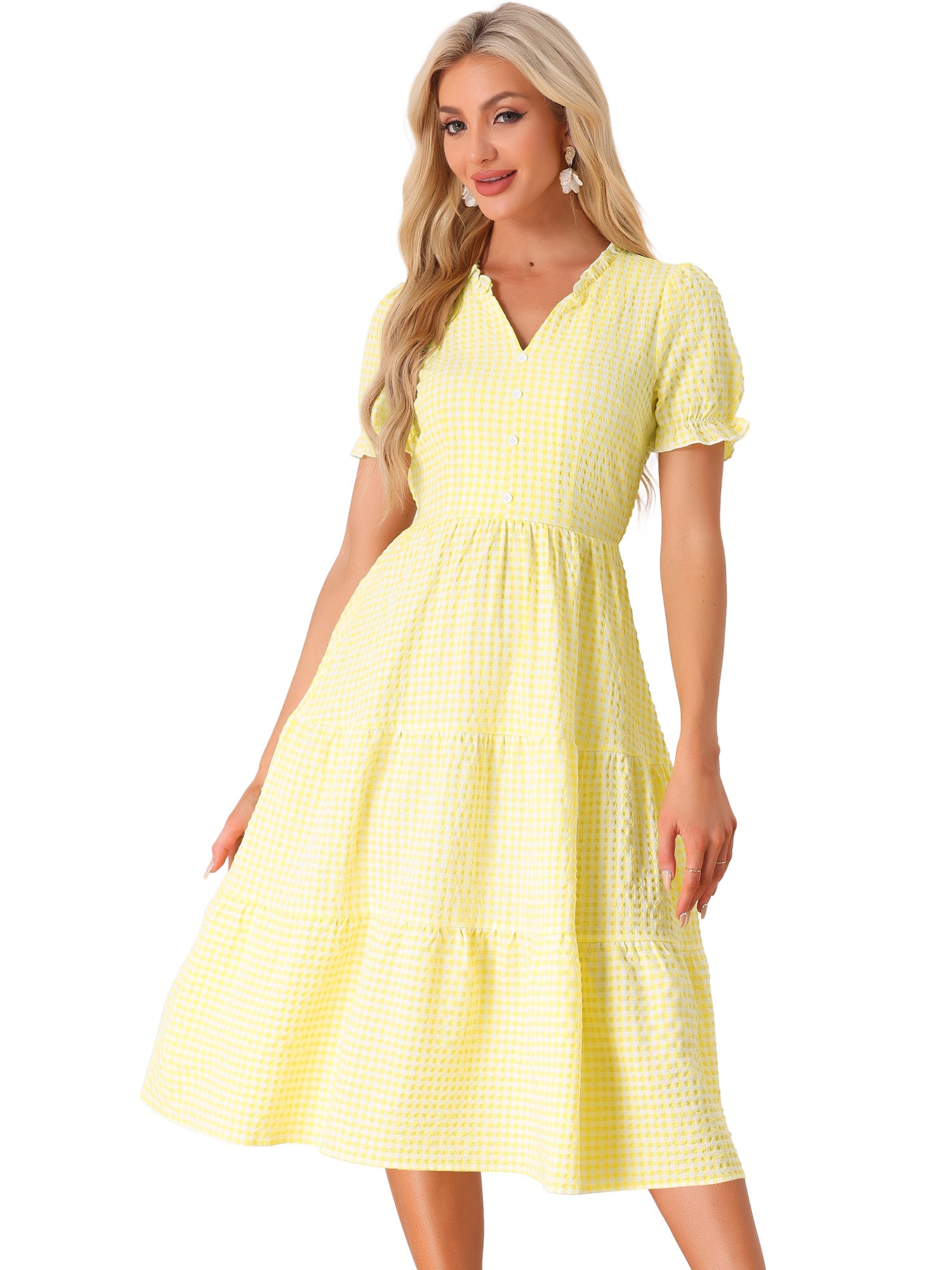 Ruffle Trim V Neck Button Decor Plaid Gingham Tiered Midi Dress
