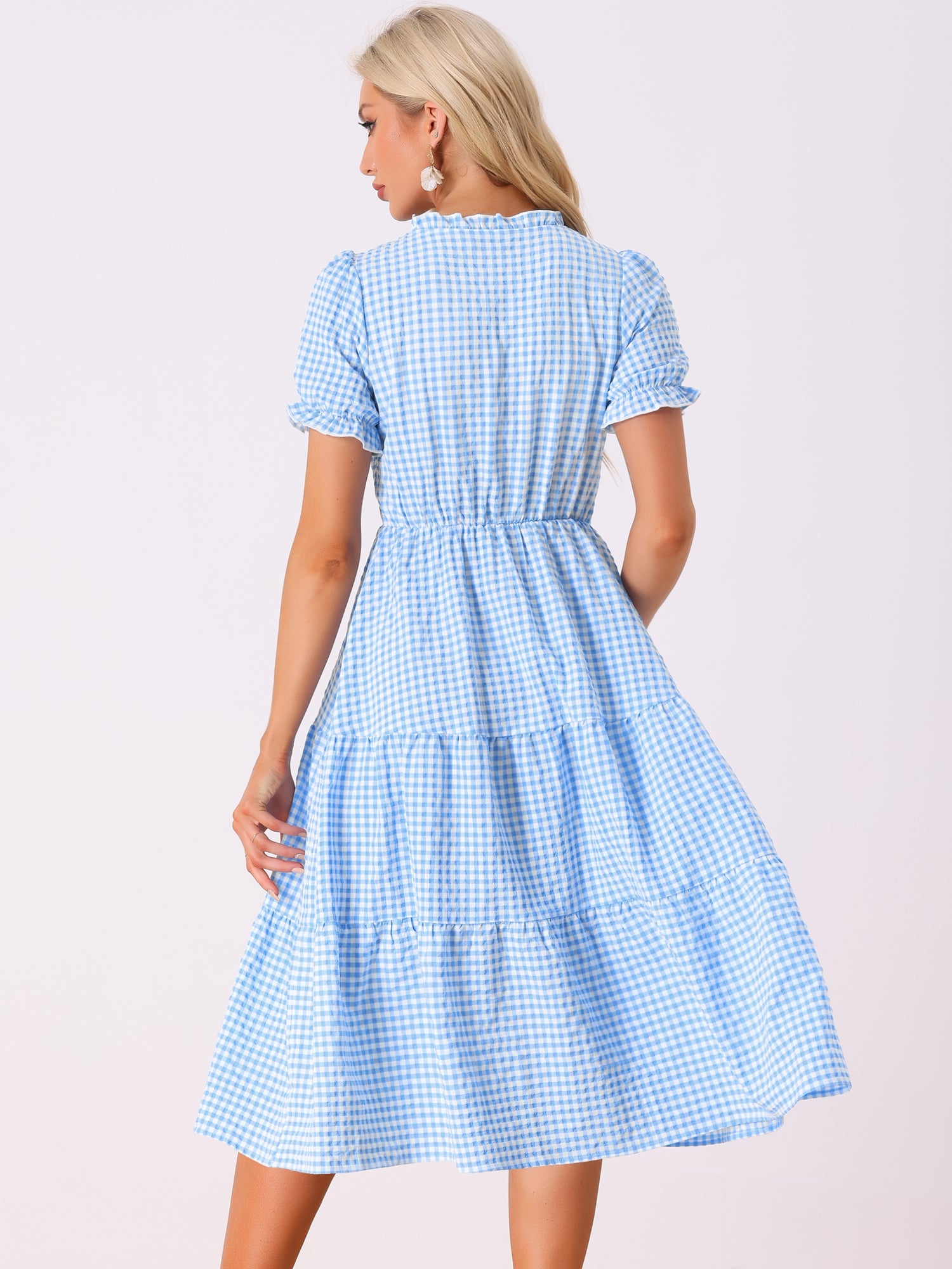 Ruffle Trim V Neck Button Decor Plaid Gingham Tiered Midi Dress