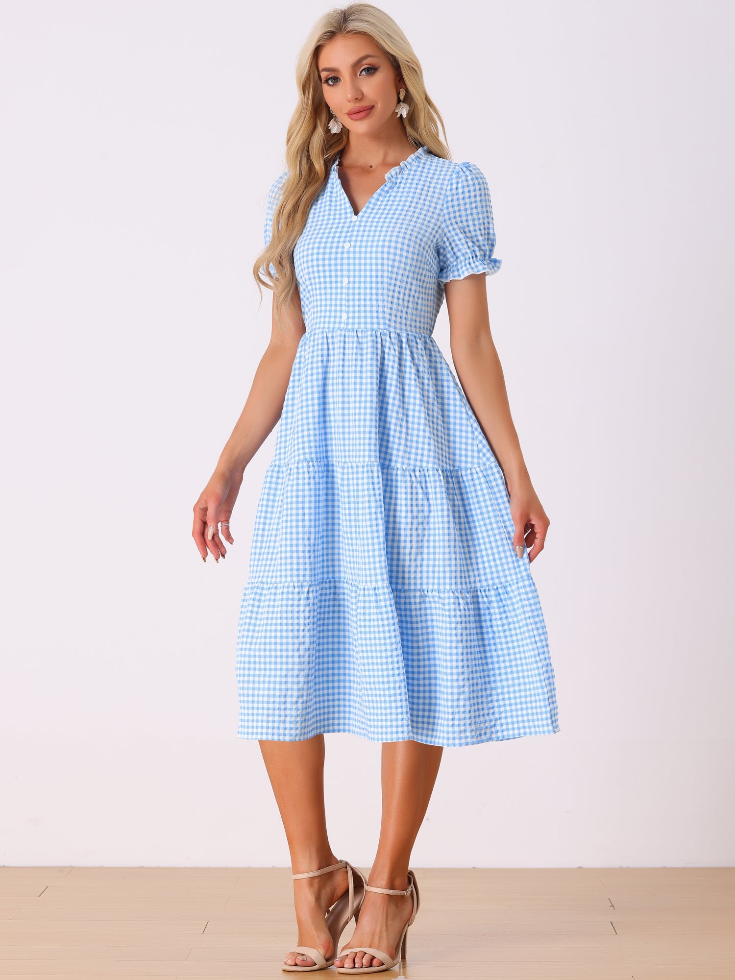 Ruffle Trim V Neck Button Decor Plaid Gingham Tiered Midi Dress