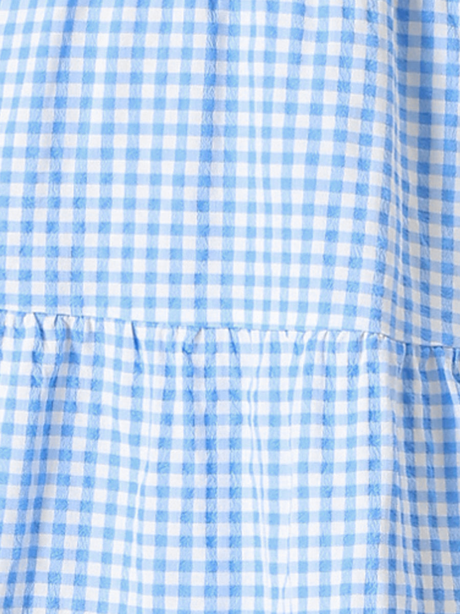 Ruffle Trim V Neck Button Decor Plaid Gingham Tiered Midi Dress