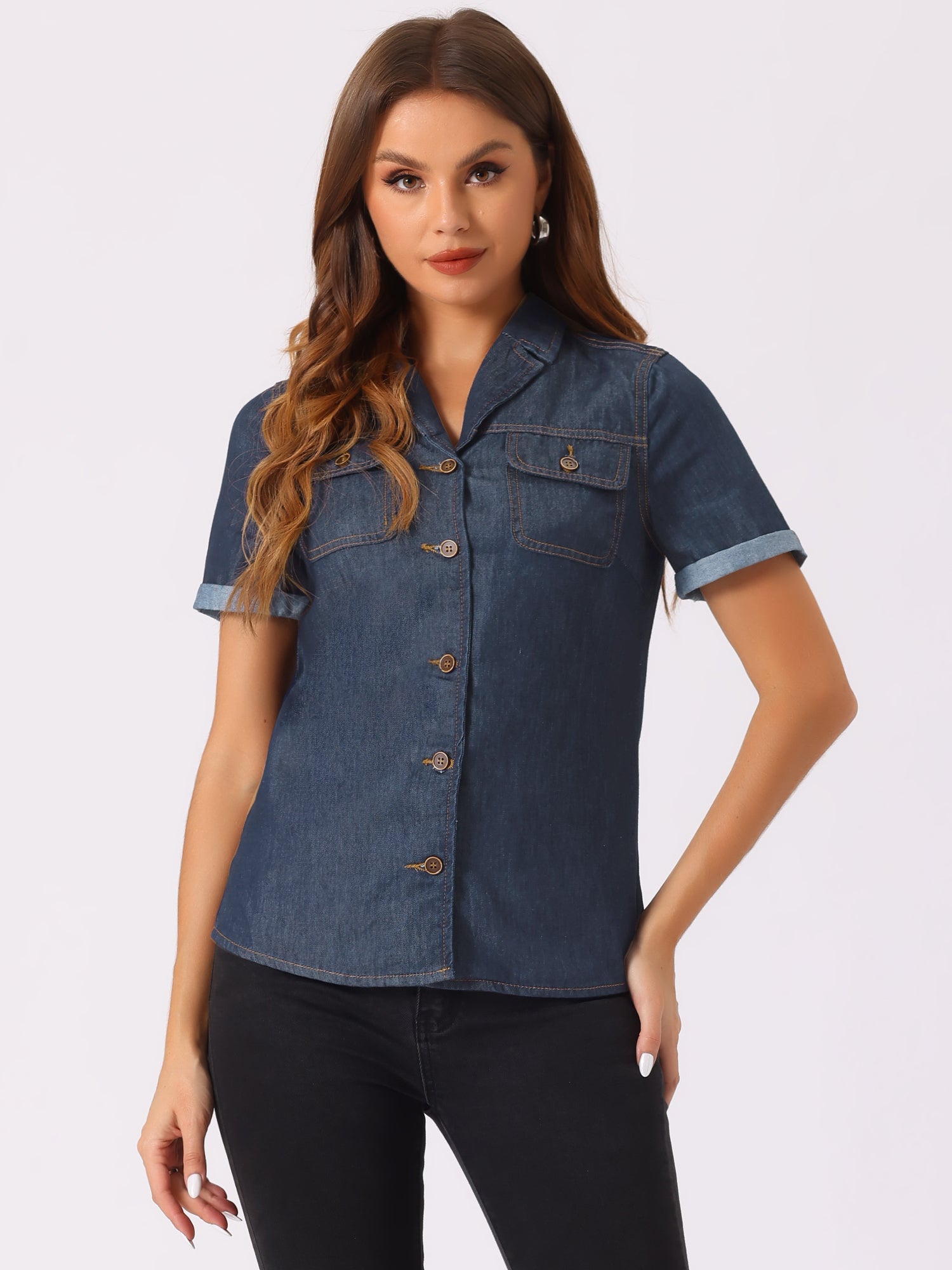 Button Up Collared Short Sleeve Pocket Classic Denim Shirt