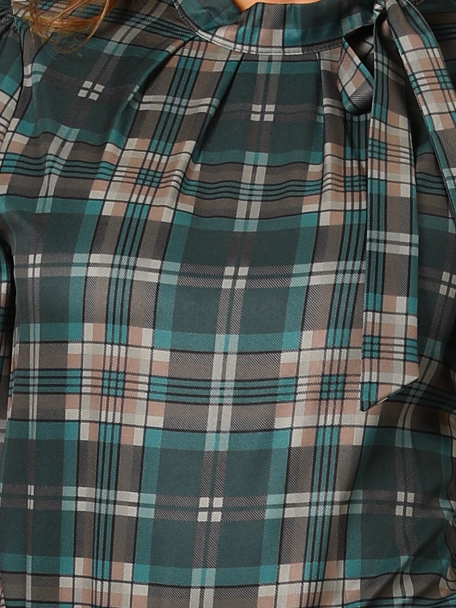 Bow Tie Neck Grid Checks Shirt Office Work Tops Blouse