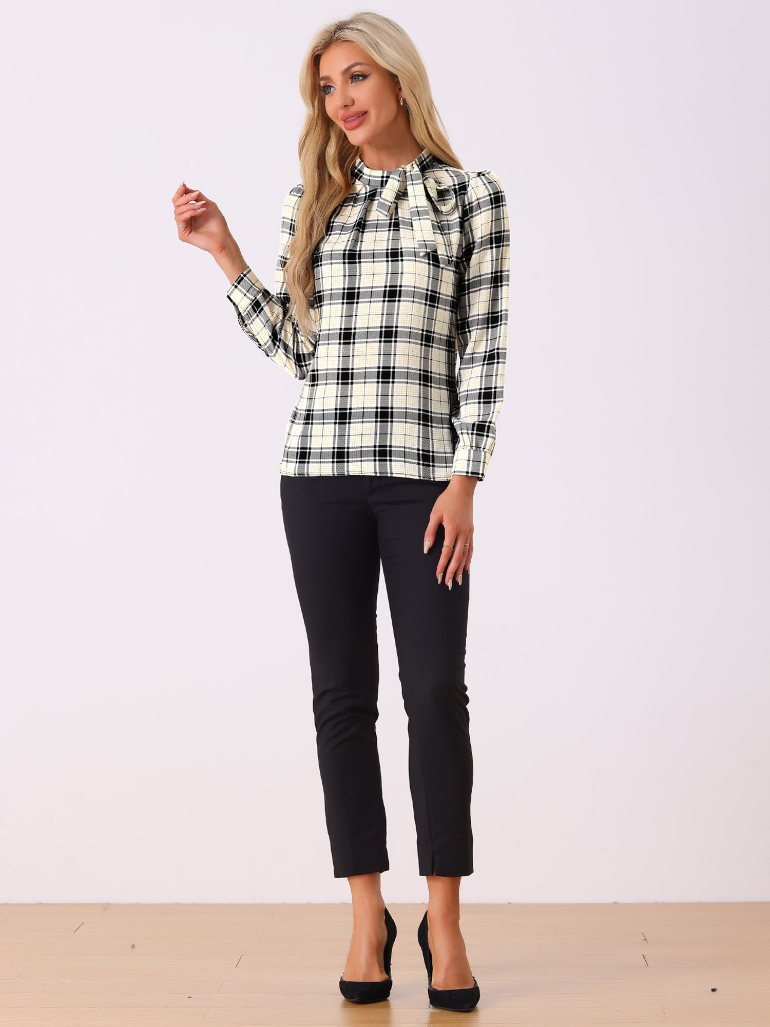 Bow Tie Neck Grid Checks Shirt Office Work Tops Blouse