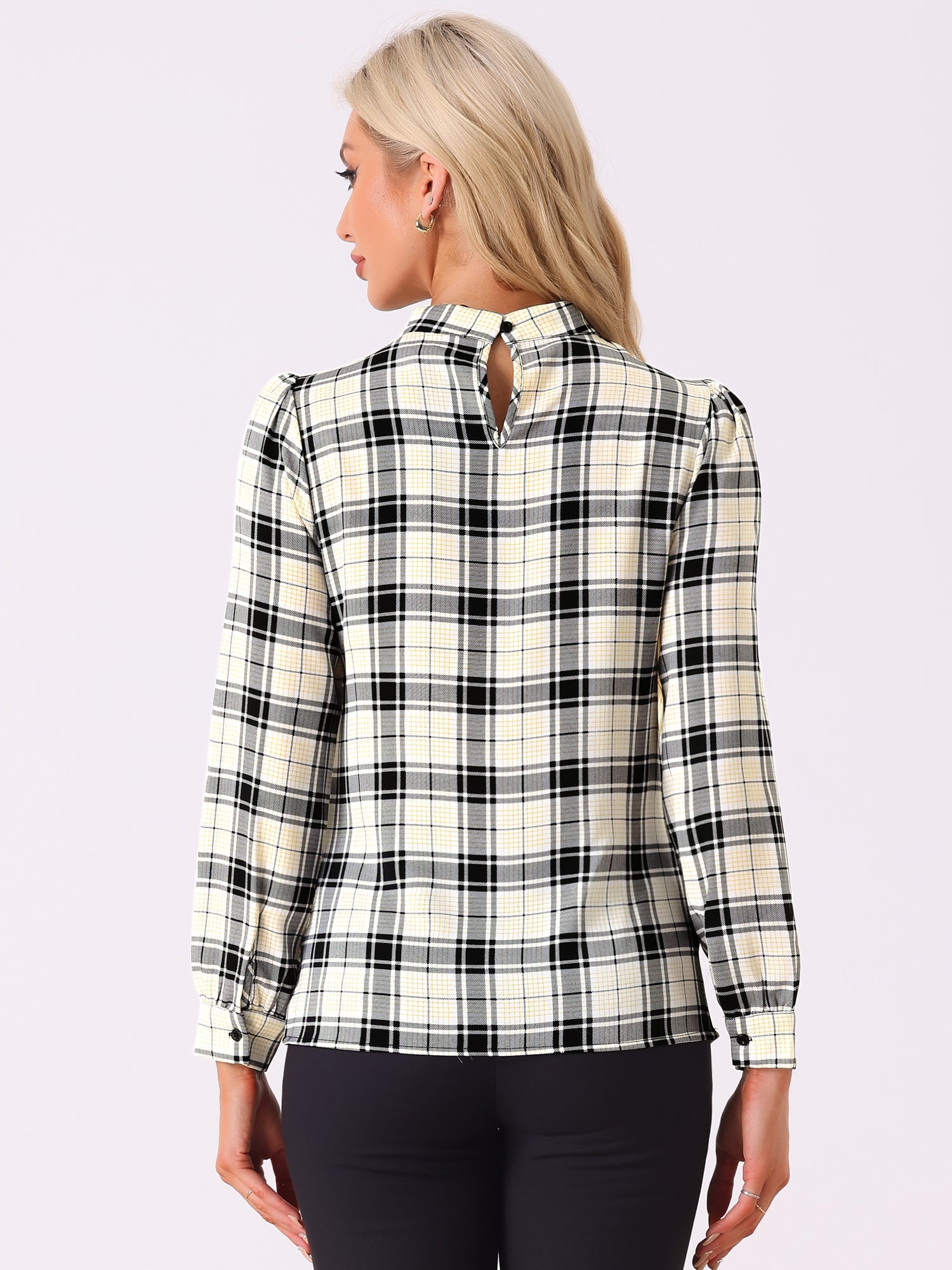 Bow Tie Neck Grid Checks Shirt Office Work Tops Blouse