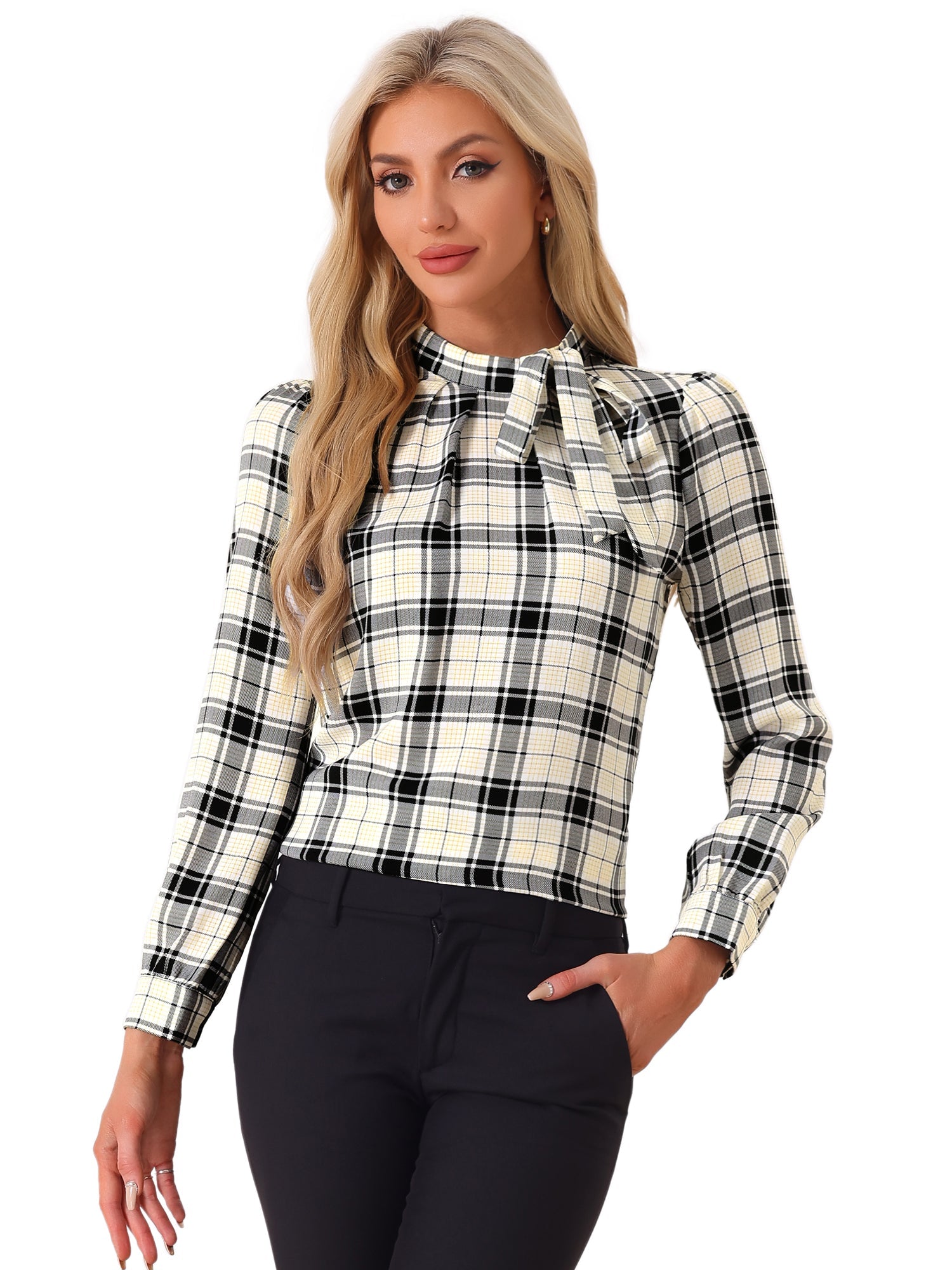 Bow Tie Neck Grid Checks Shirt Office Work Tops Blouse