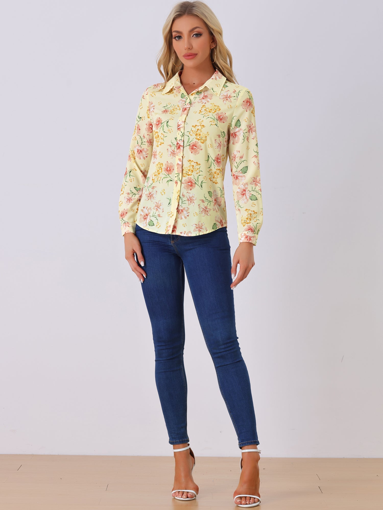 Button Down Floral Shirt Blouse Long Sleeve Point Collar Top