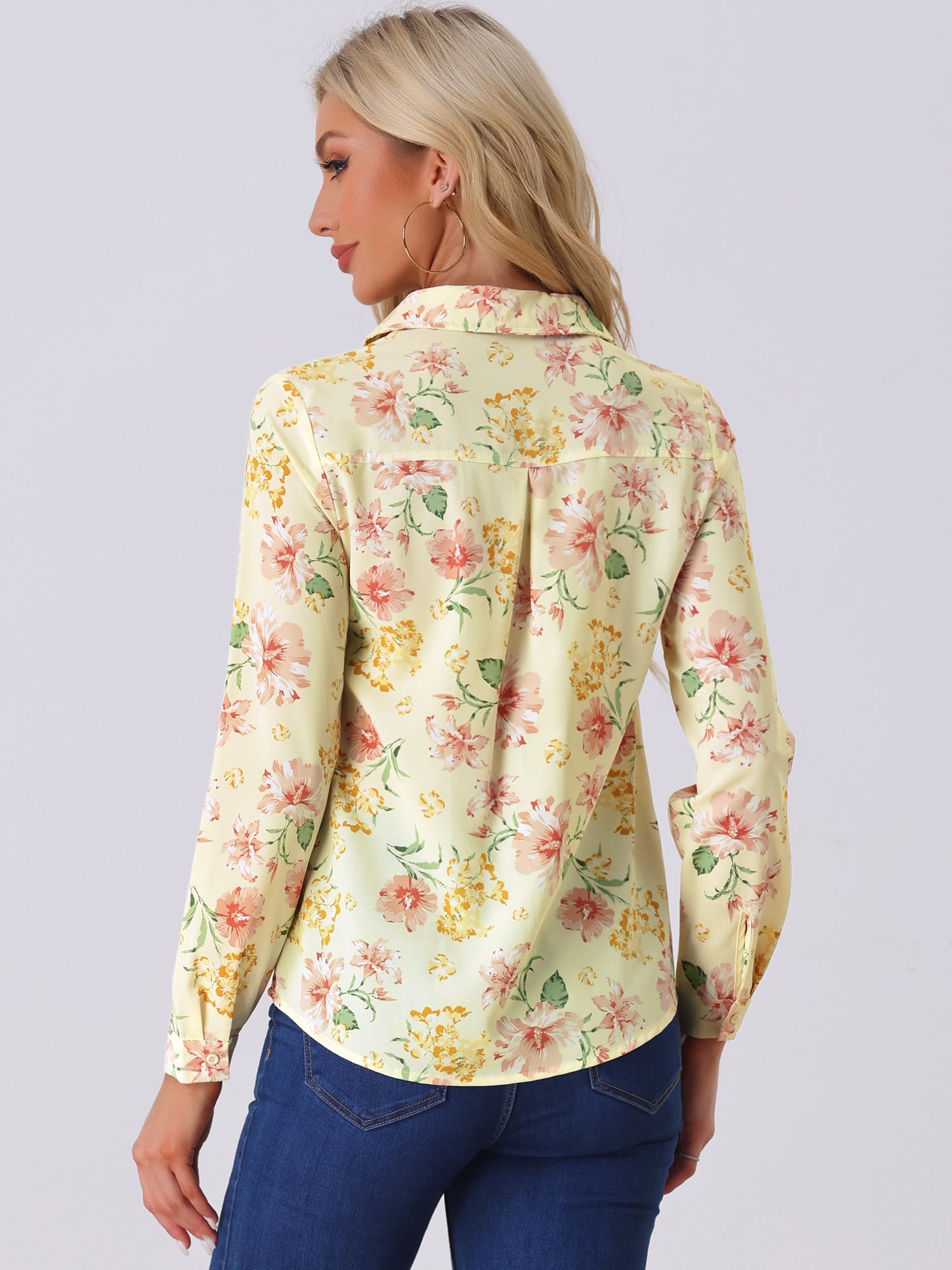 Button Down Floral Shirt Blouse Long Sleeve Point Collar Top