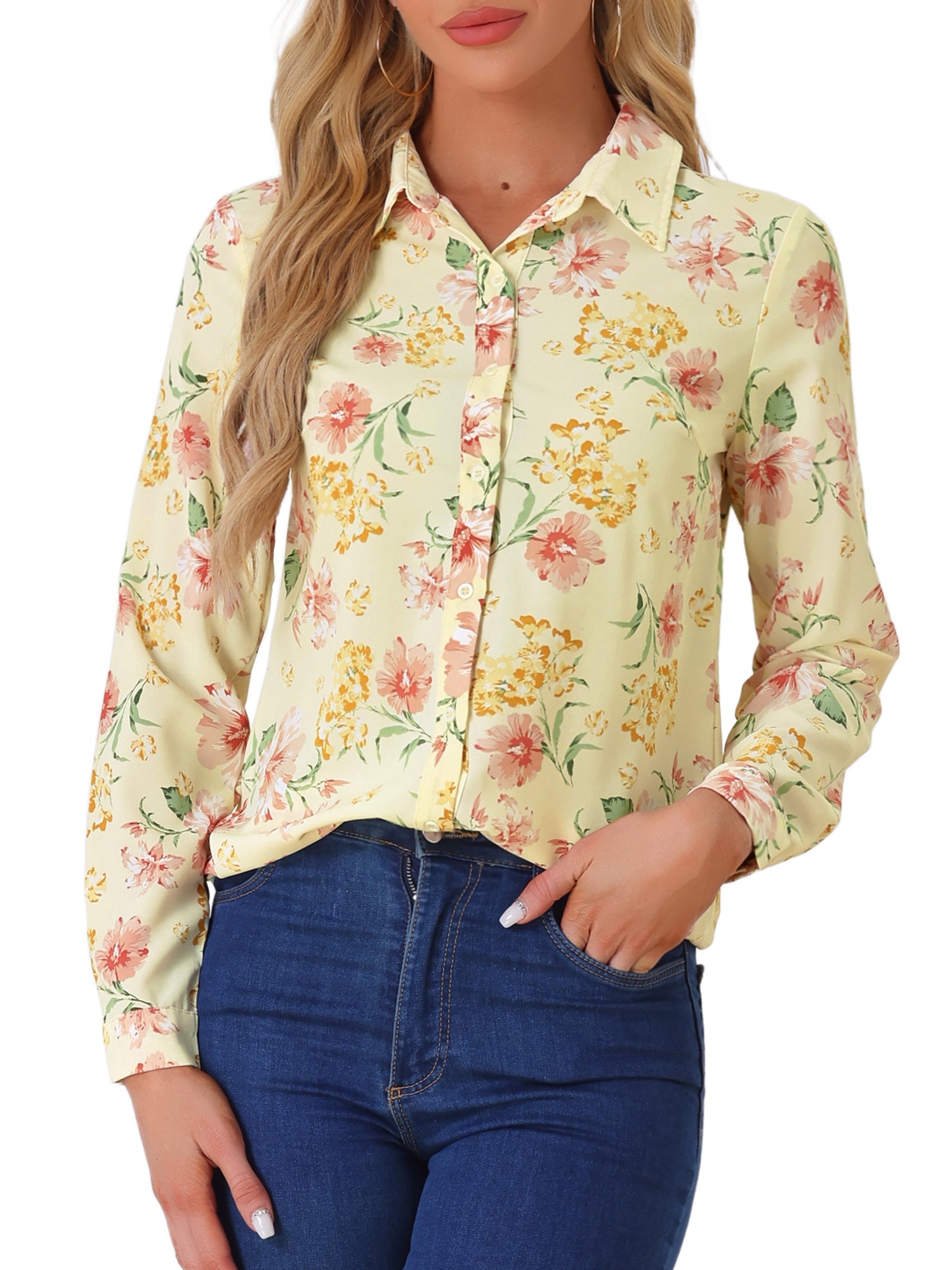 Button Down Floral Shirt Blouse Long Sleeve Point Collar Top