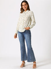 Button Down Floral Long Sleeve Point Collar Blouse