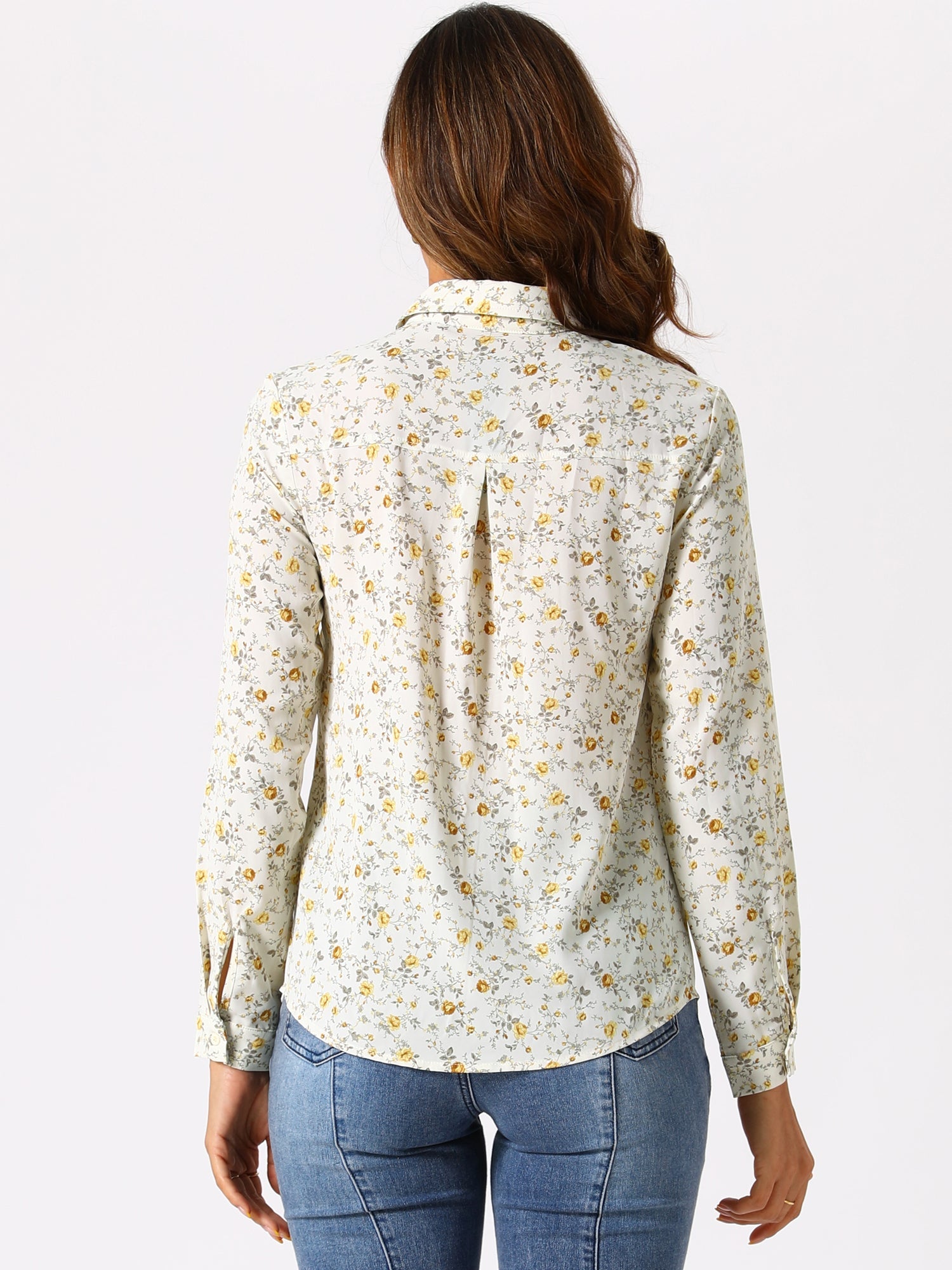 Button Down Floral Long Sleeve Point Collar Blouse