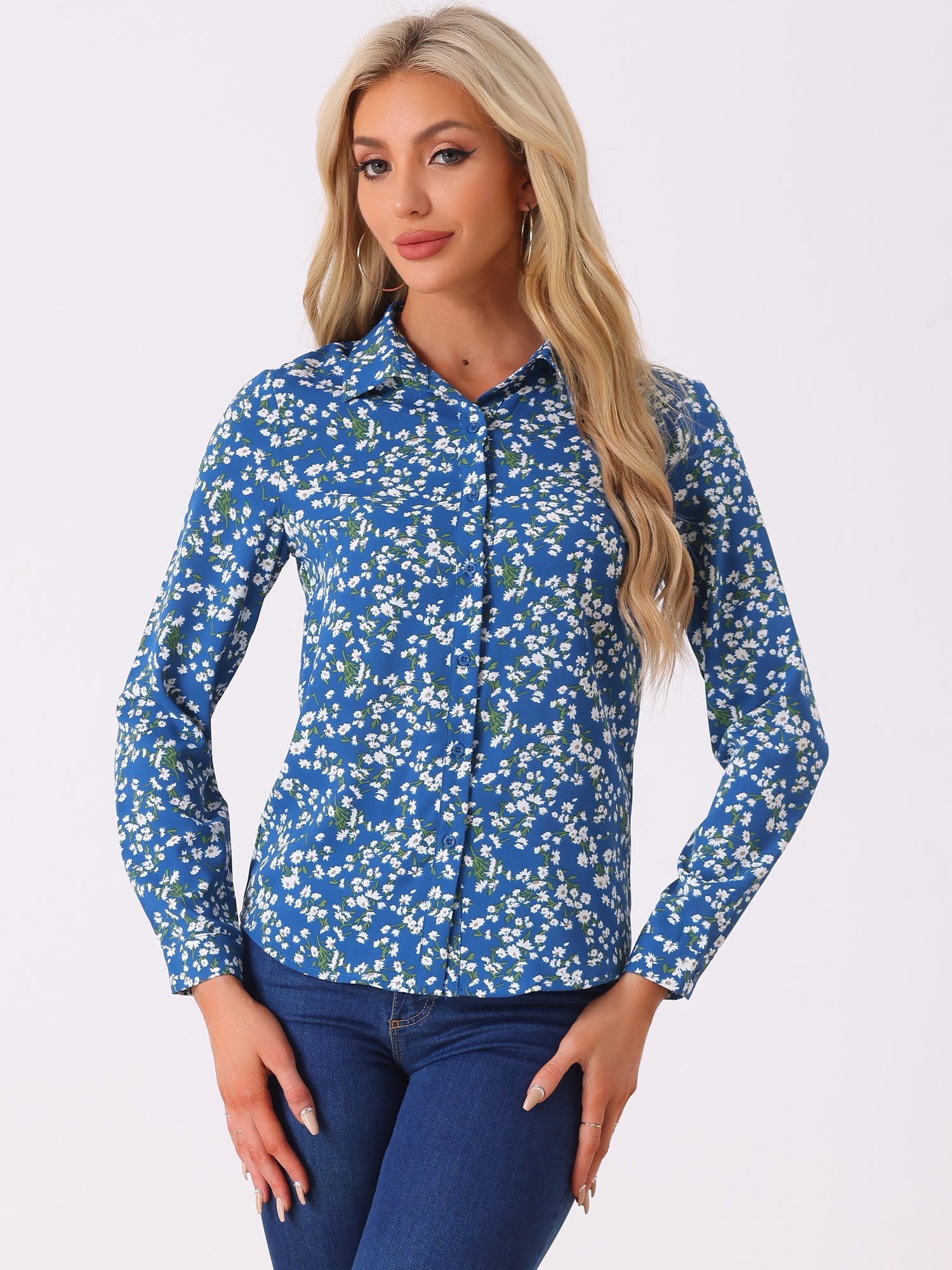 Button Down Floral Shirt Blouse Long Sleeve Point Collar Top