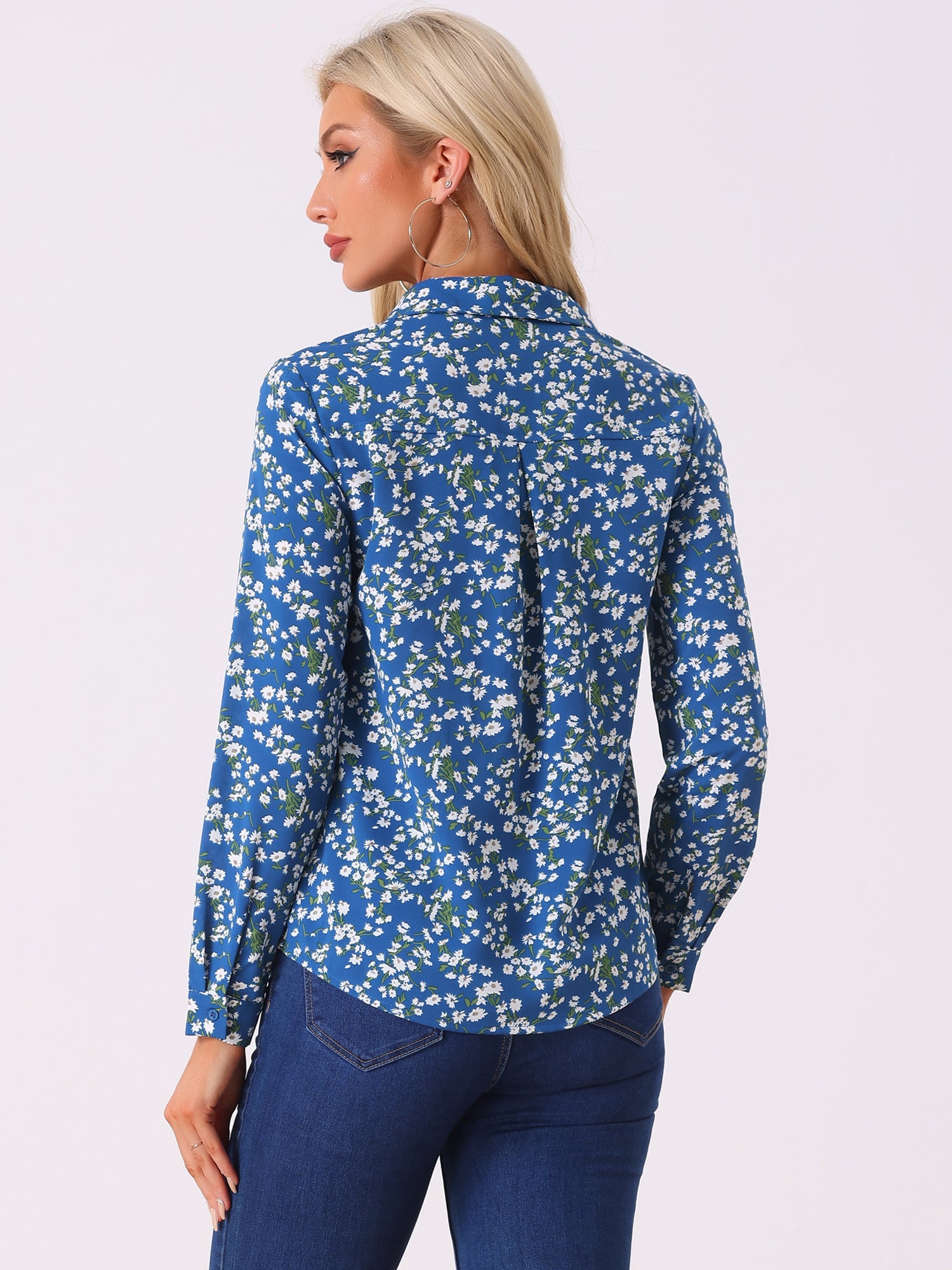 Button Down Floral Shirt Blouse Long Sleeve Point Collar Top