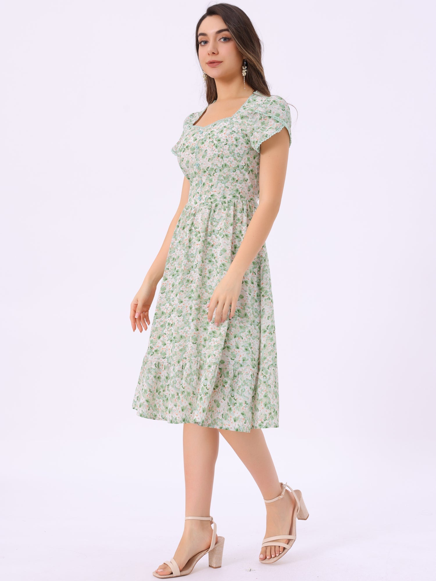 Summer Petal Sleeve Boho Floral Print Midi Dress