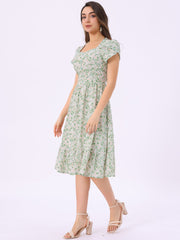Summer Petal Sleeve Boho Floral Print Midi Dress