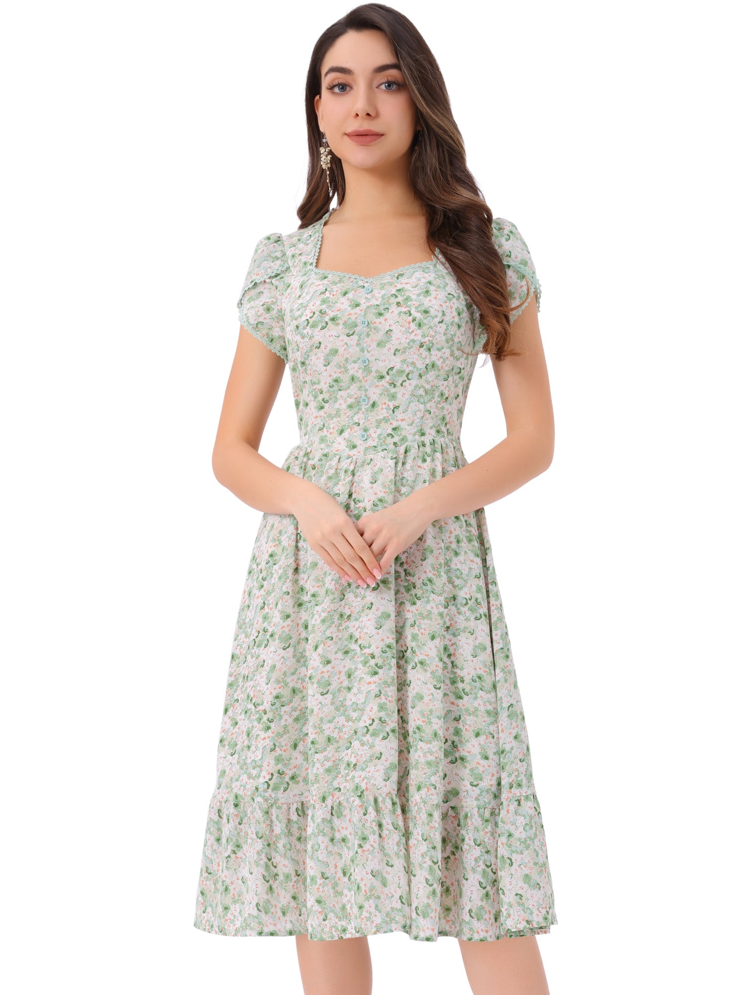 Summer Petal Sleeve Boho Floral Print Midi Dress
