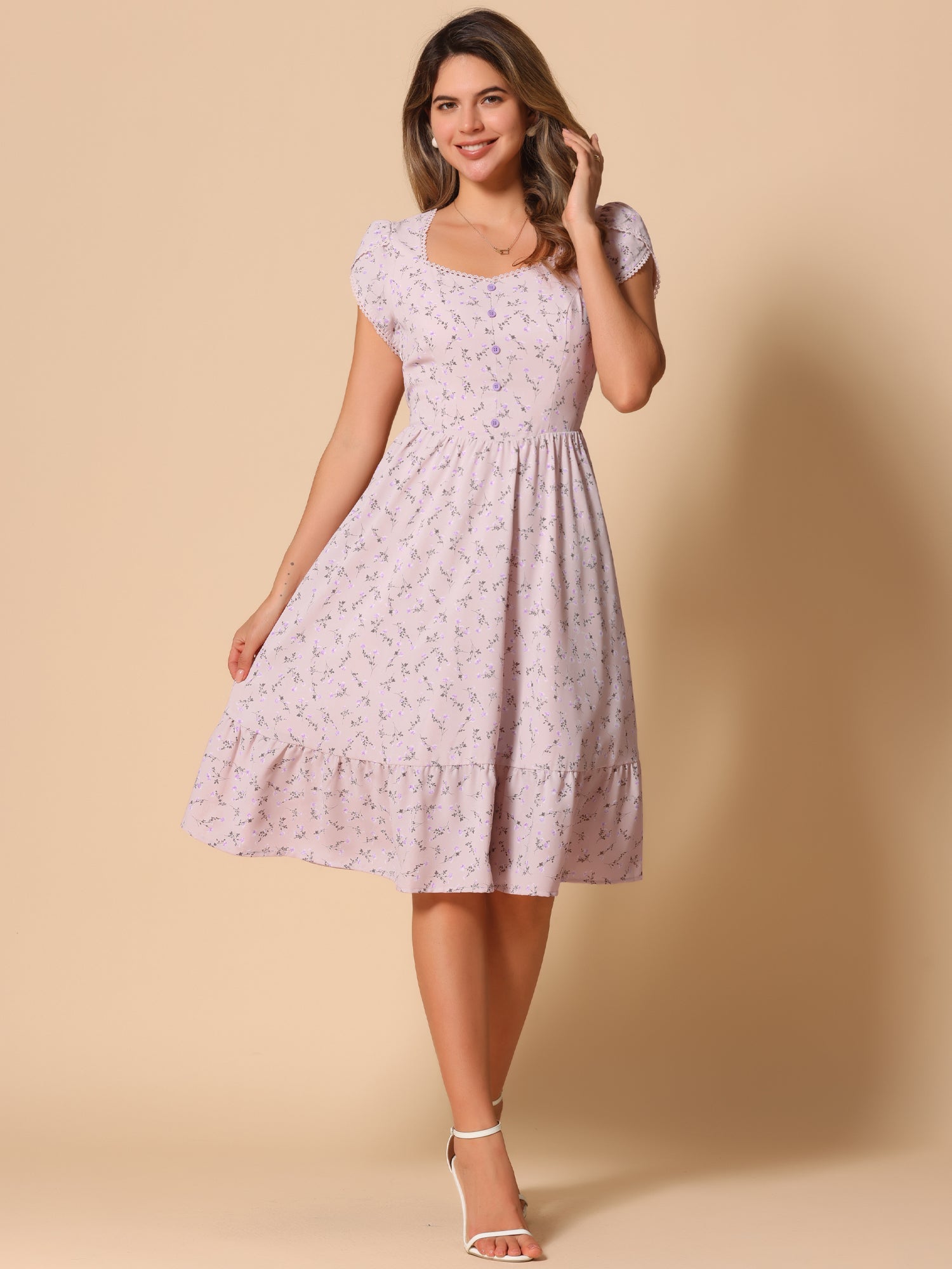Summer Petal Sleeve Boho Floral Print Midi Dress