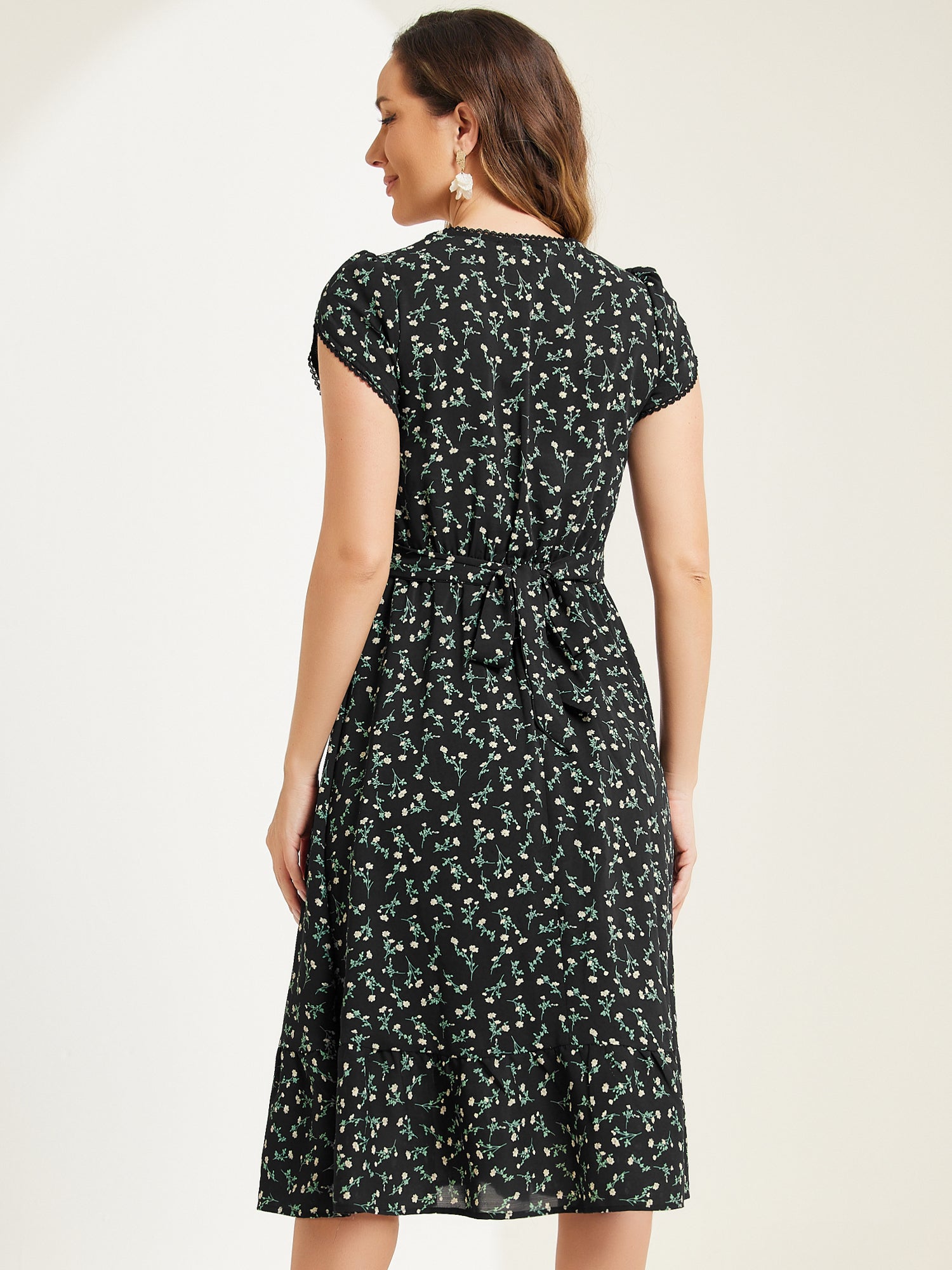 Summer Petal Sleeve Boho Floral Print Midi Dress