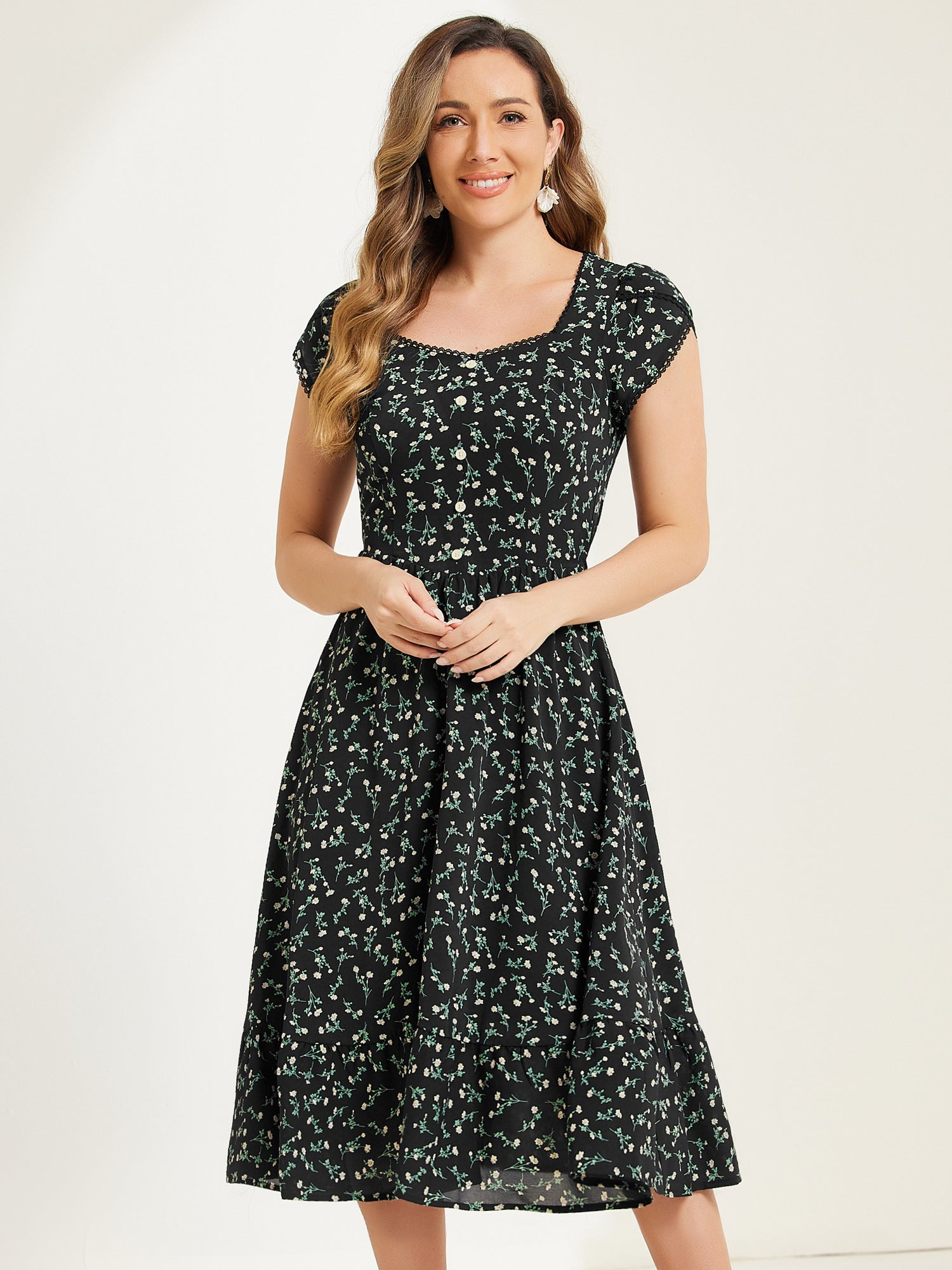 Summer Petal Sleeve Boho Floral Print Midi Dress