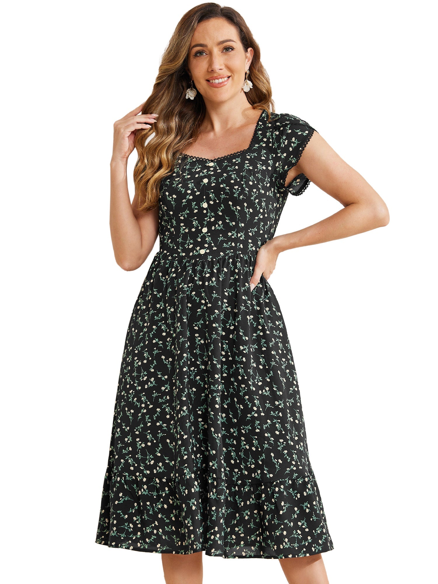 Summer Petal Sleeve Boho Floral Print Midi Dress