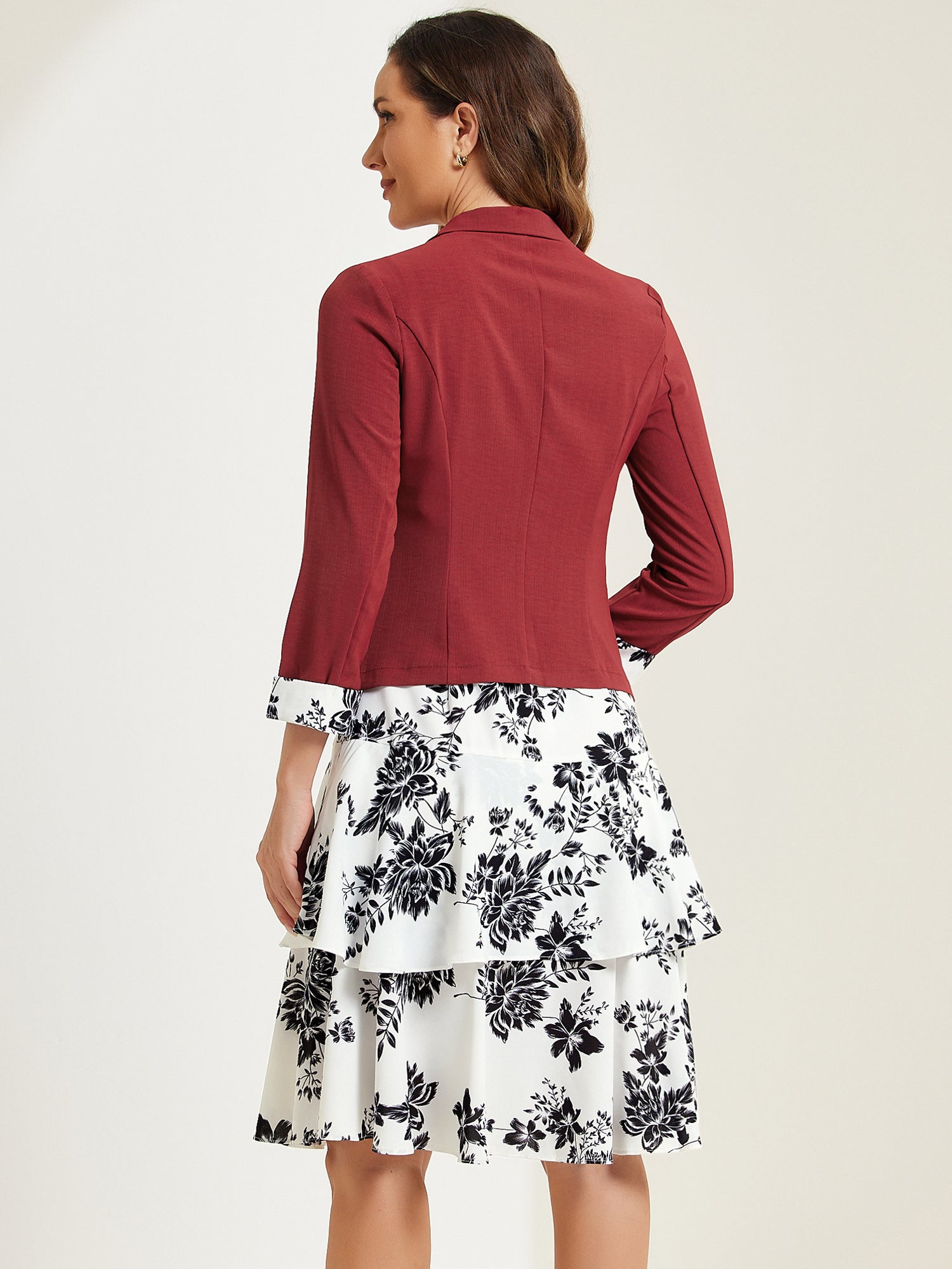 Work flower Print Contrast Panel 2pc Sets Chiffon V Neck Jacket Dress