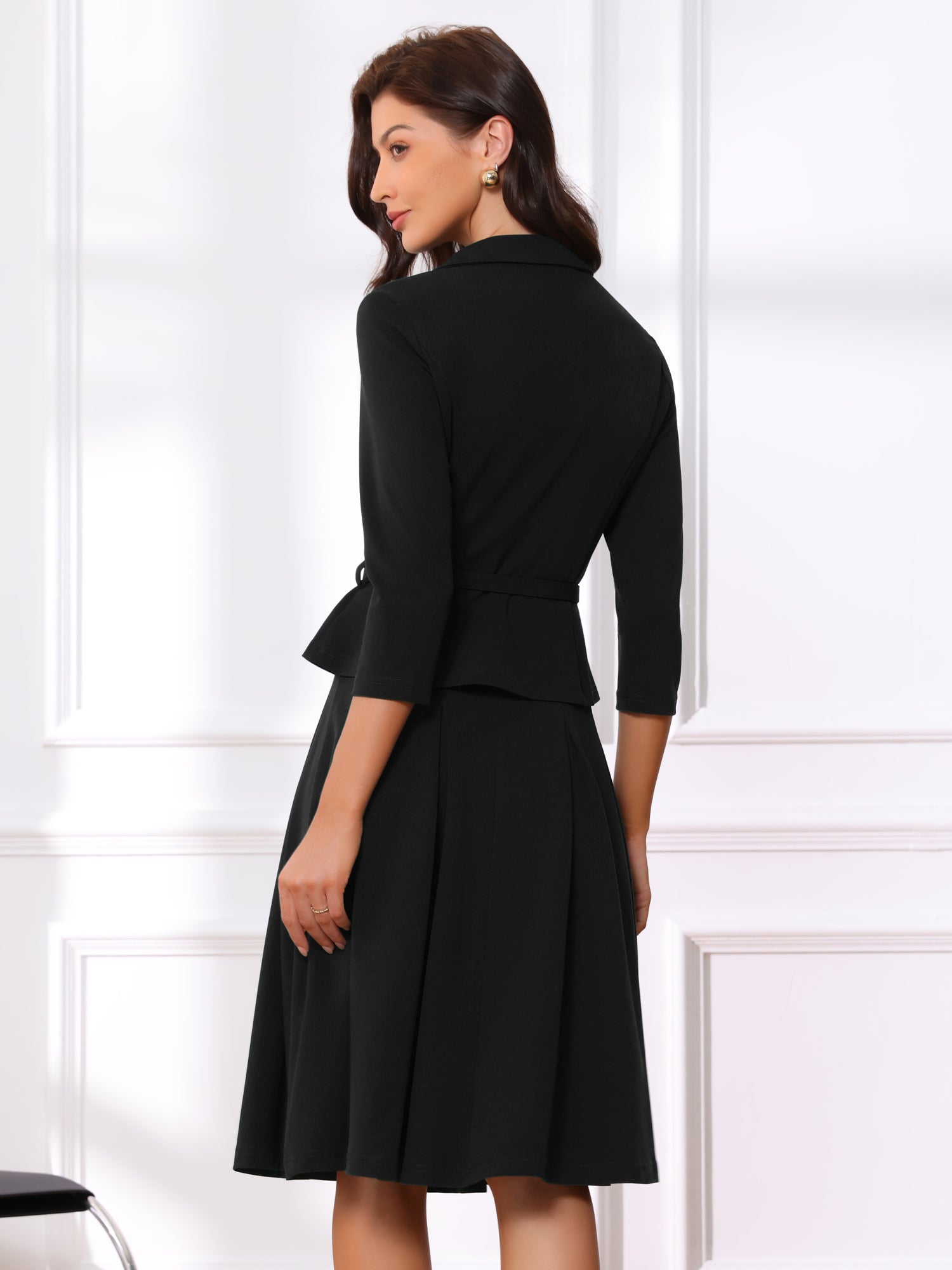 2 Piece 3/4 Sleeve Cropped Belted Blazer and Pleated Skirt Business Suit Sets