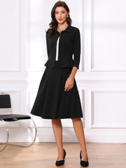 2 Piece 3/4 Sleeve Cropped Belted Blazer and Pleated Skirt Business Suit Sets