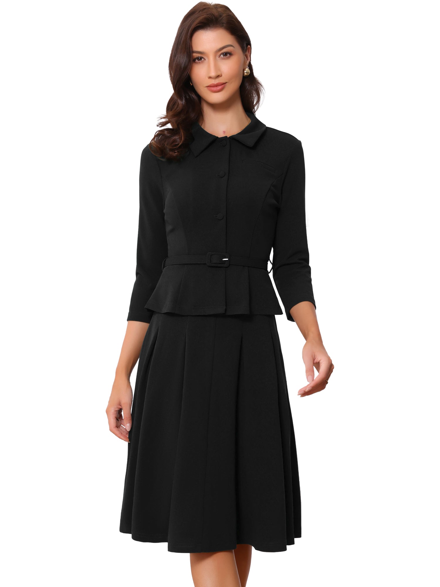 2 Piece 3/4 Sleeve Cropped Belted Blazer and Pleated Skirt Business Suit Sets