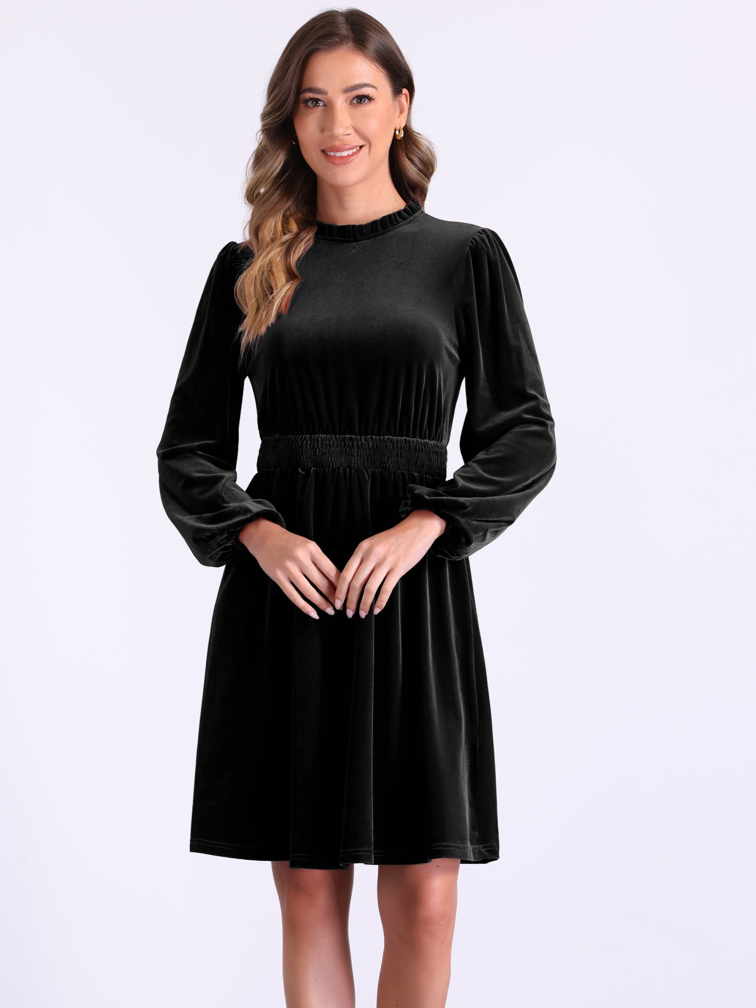 Velvet Smocked Waistline Long Sleeve Midi Dress