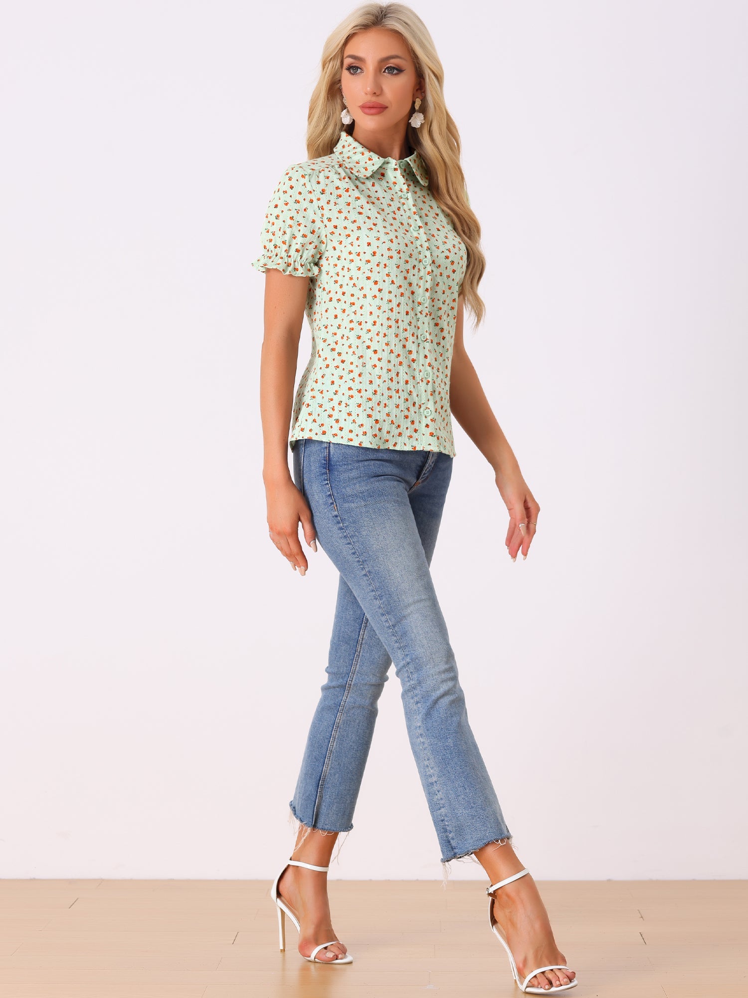 Floral Printed Peter Pan Collar Cotton Short Sleeve Shirt
