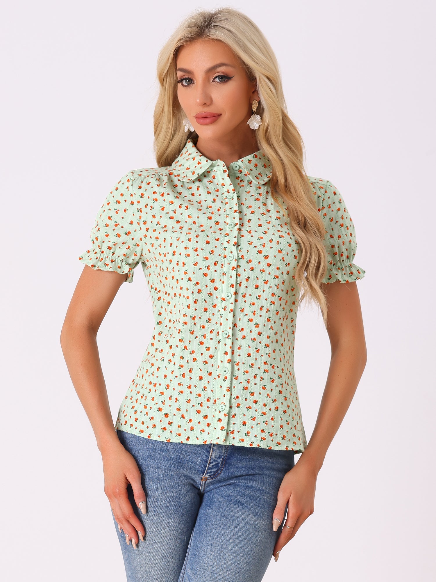 Floral Printed Peter Pan Collar Cotton Short Sleeve Shirt