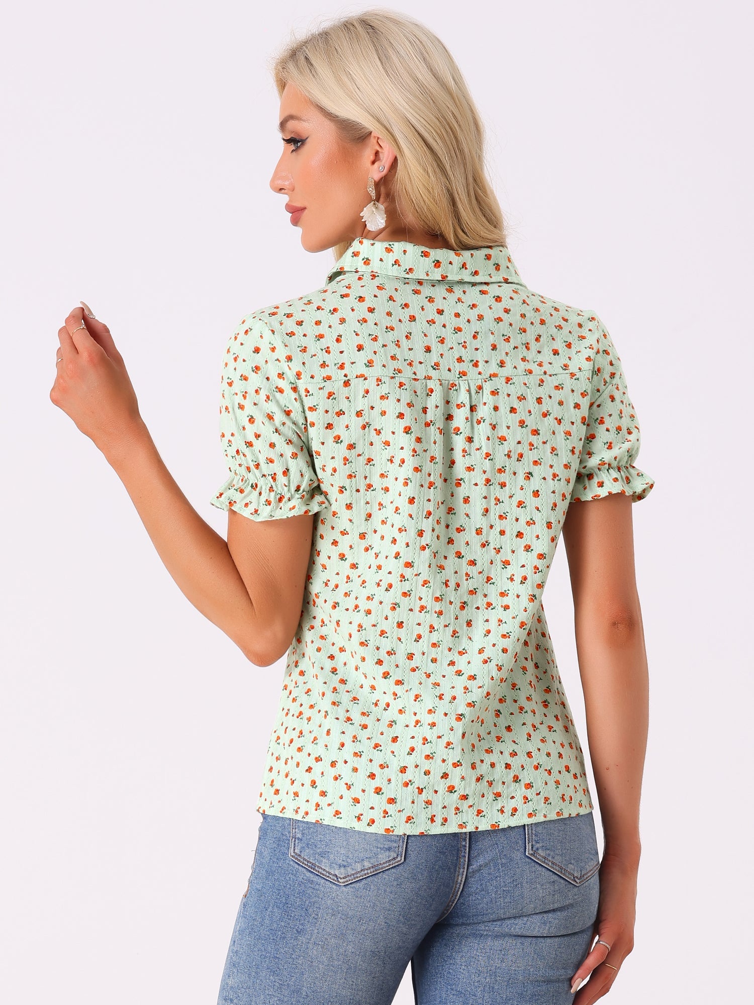 Floral Printed Peter Pan Collar Cotton Short Sleeve Shirt